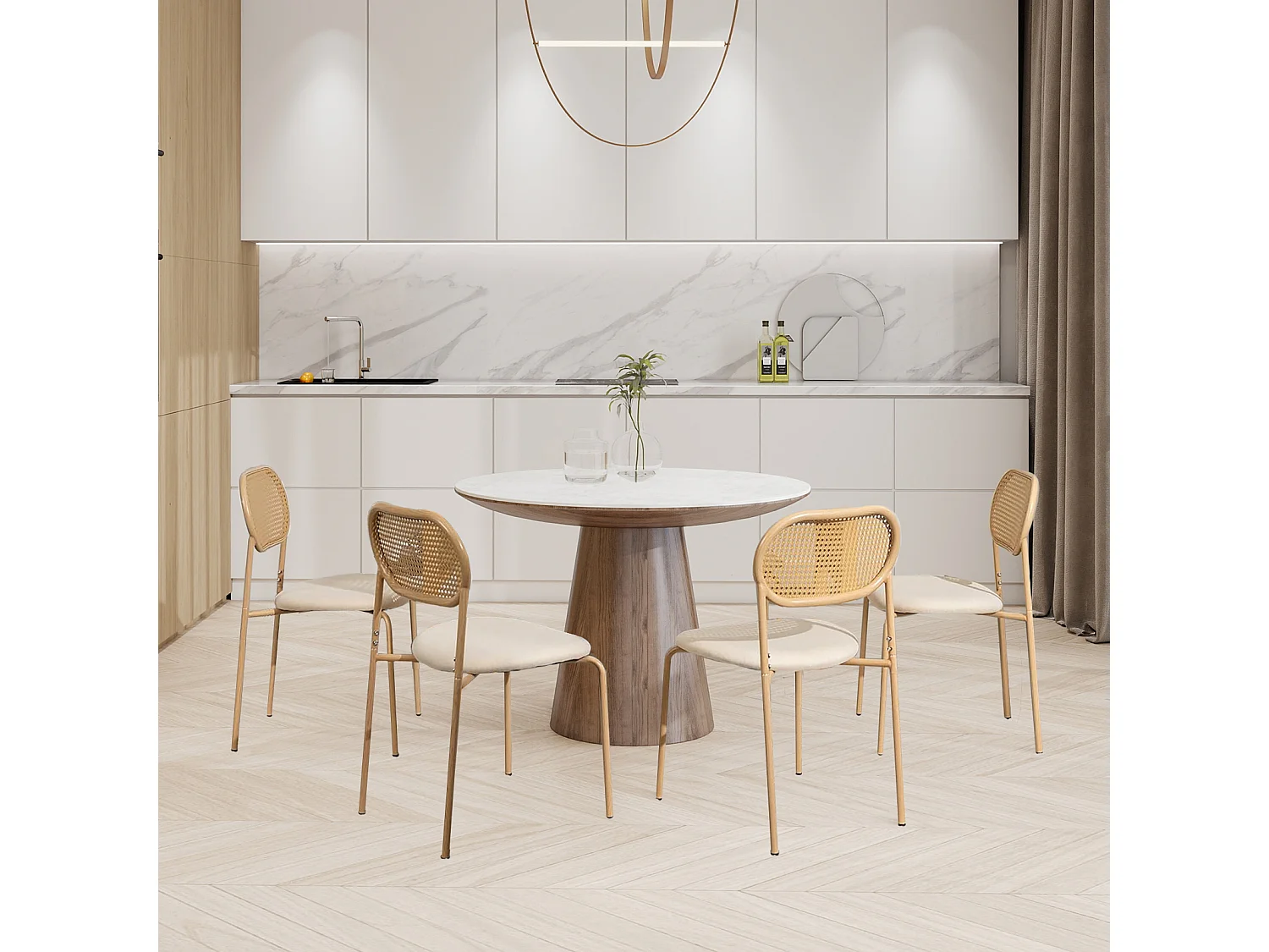 Lot de 2 Chaises de Salle à Manger en rotin , avec Dossier Rotin Siège Rembourré , Couleur du bois