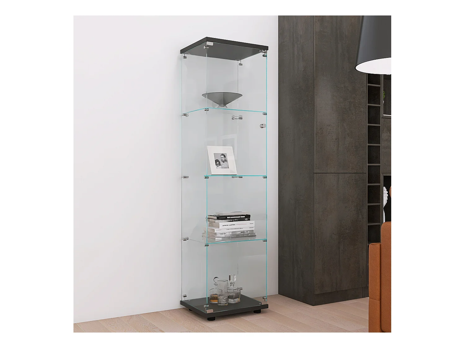 Vitrine de 4 níveis, vitrine transparente para estatuetas, vitrine de vidro temperado com porta, preta