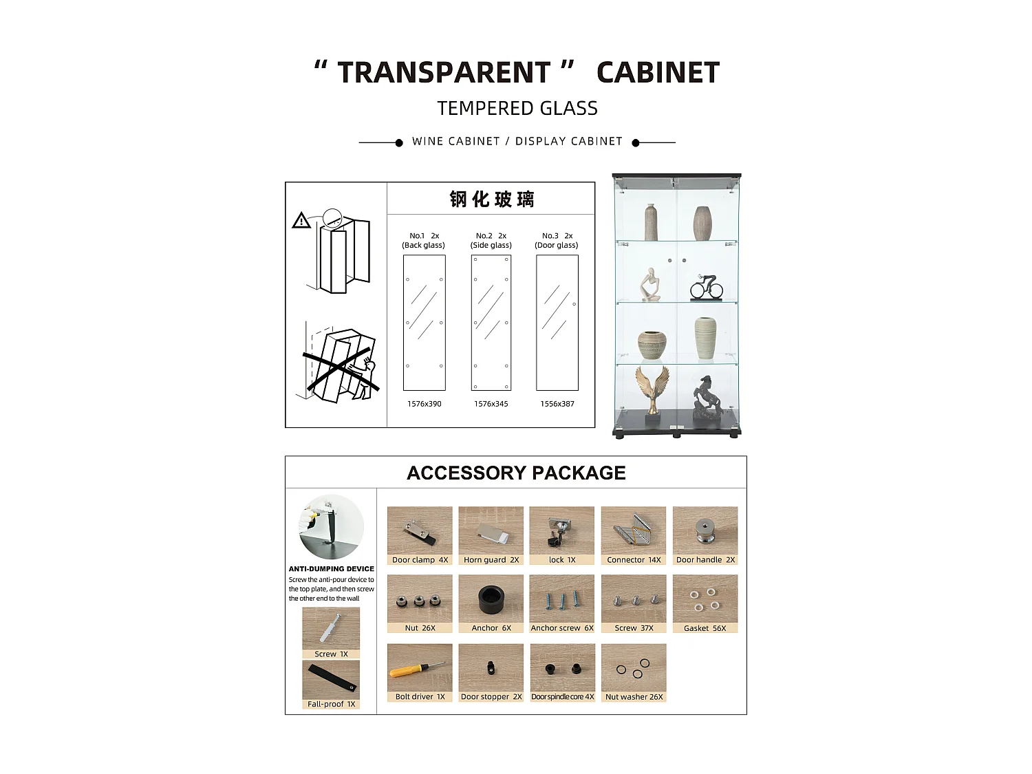 Vitrina de 4 niveles, vitrina transparente para figuras, vitrina de vidrio templado con puerta, color negro