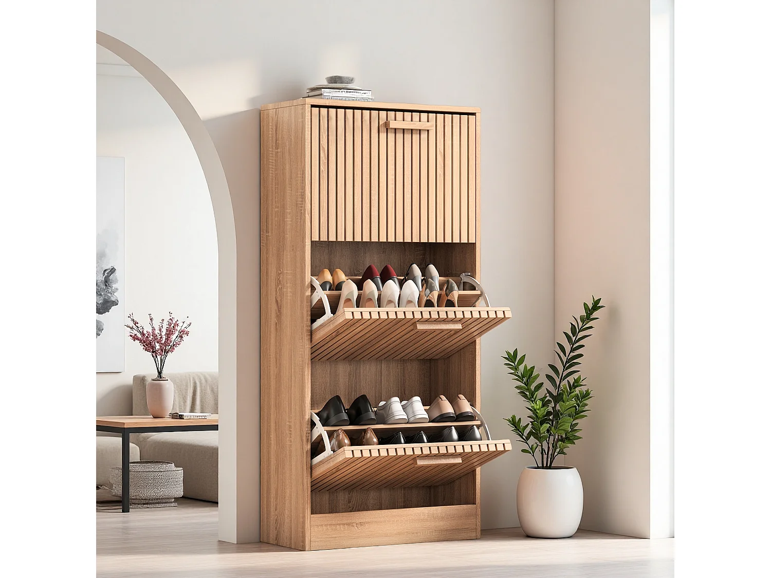 Smal schoenenkastje met kleppen, 113 x 60 x 24 cm, smal schoenenrek, hout