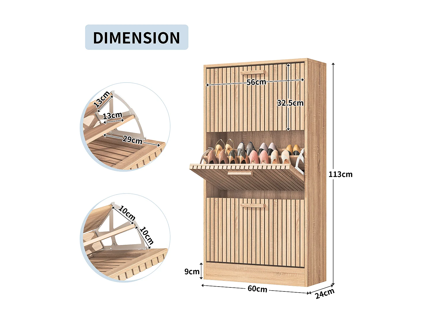 Meuble à Chaussures en Bois avec 3 Portes abattantes et étagères réglables, Armoire À Chaussures pour 18 Paires, 60 x 24 x 113 cm