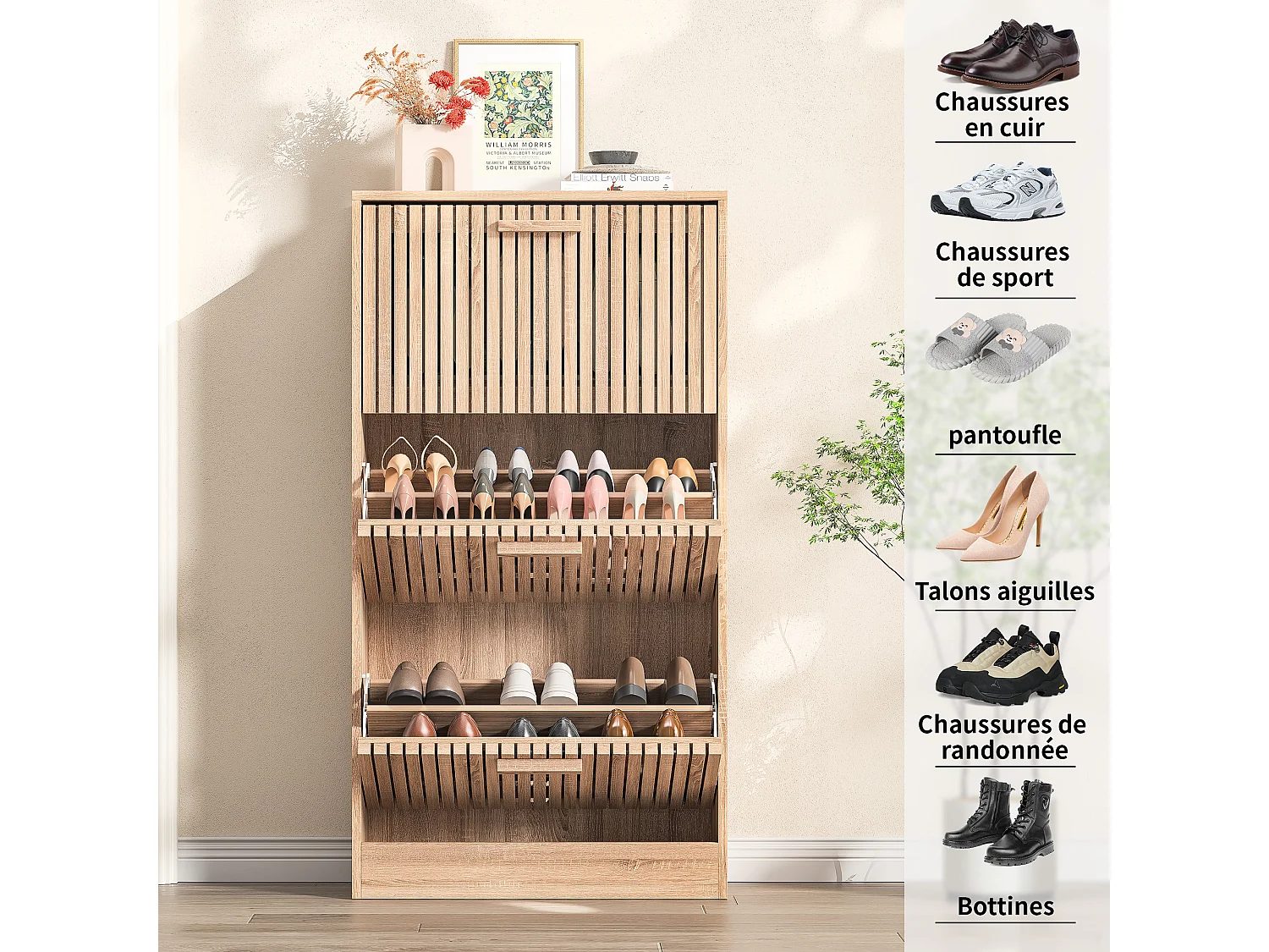 Meuble à Chaussures en Bois avec 3 Portes abattantes et étagères réglables, Armoire À Chaussures pour 18 Paires, 60 x 24 x 113 cm