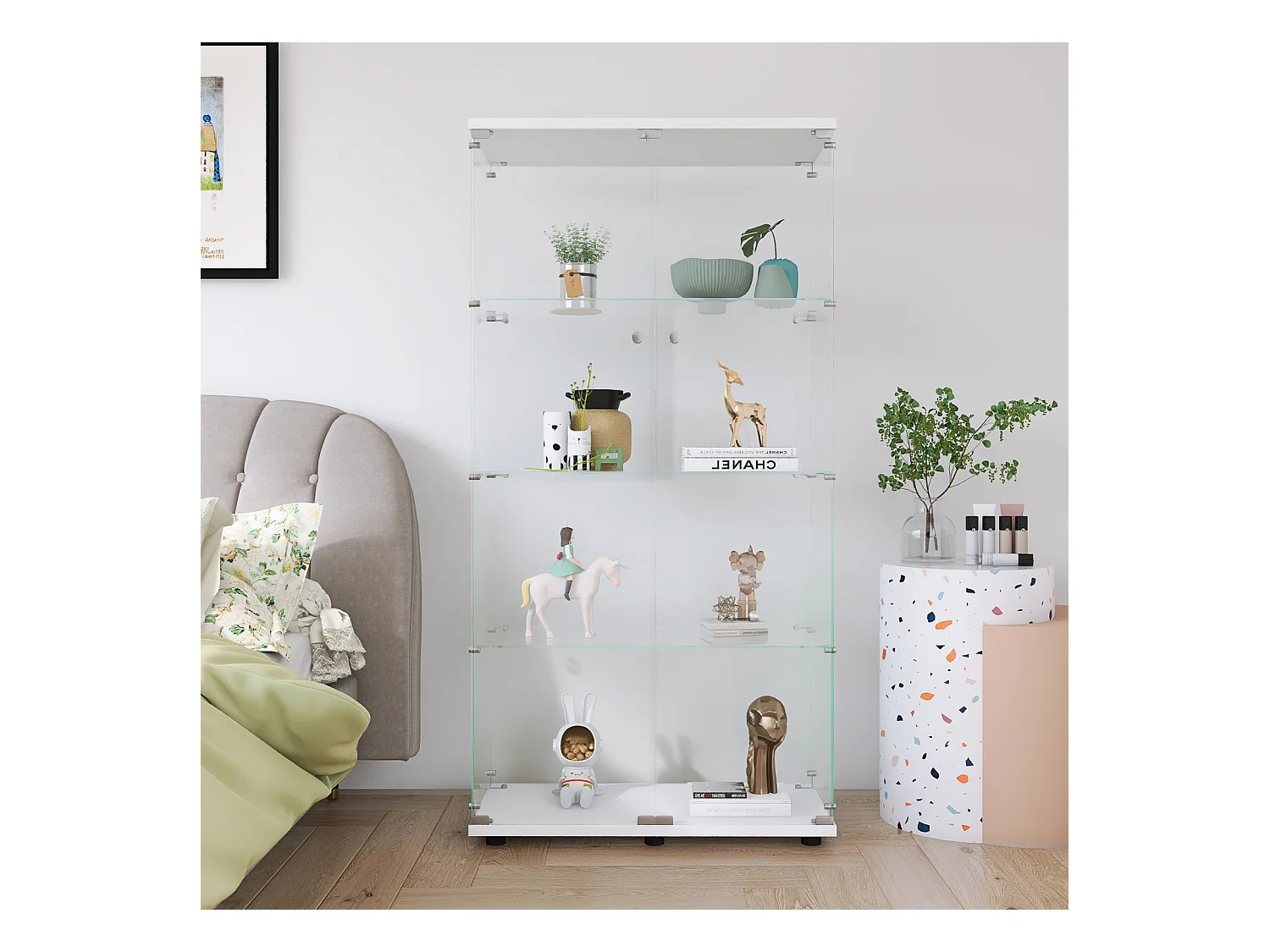 Vitrine en verre avec serrure, grande vitrine transparente pour objets de collection, livres, blanc