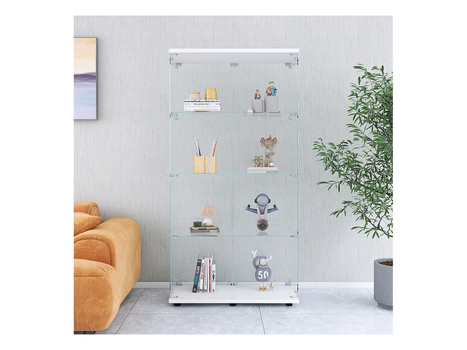 Vitrine en verre avec serrure, grande vitrine transparente pour objets de collection, livres, blanc