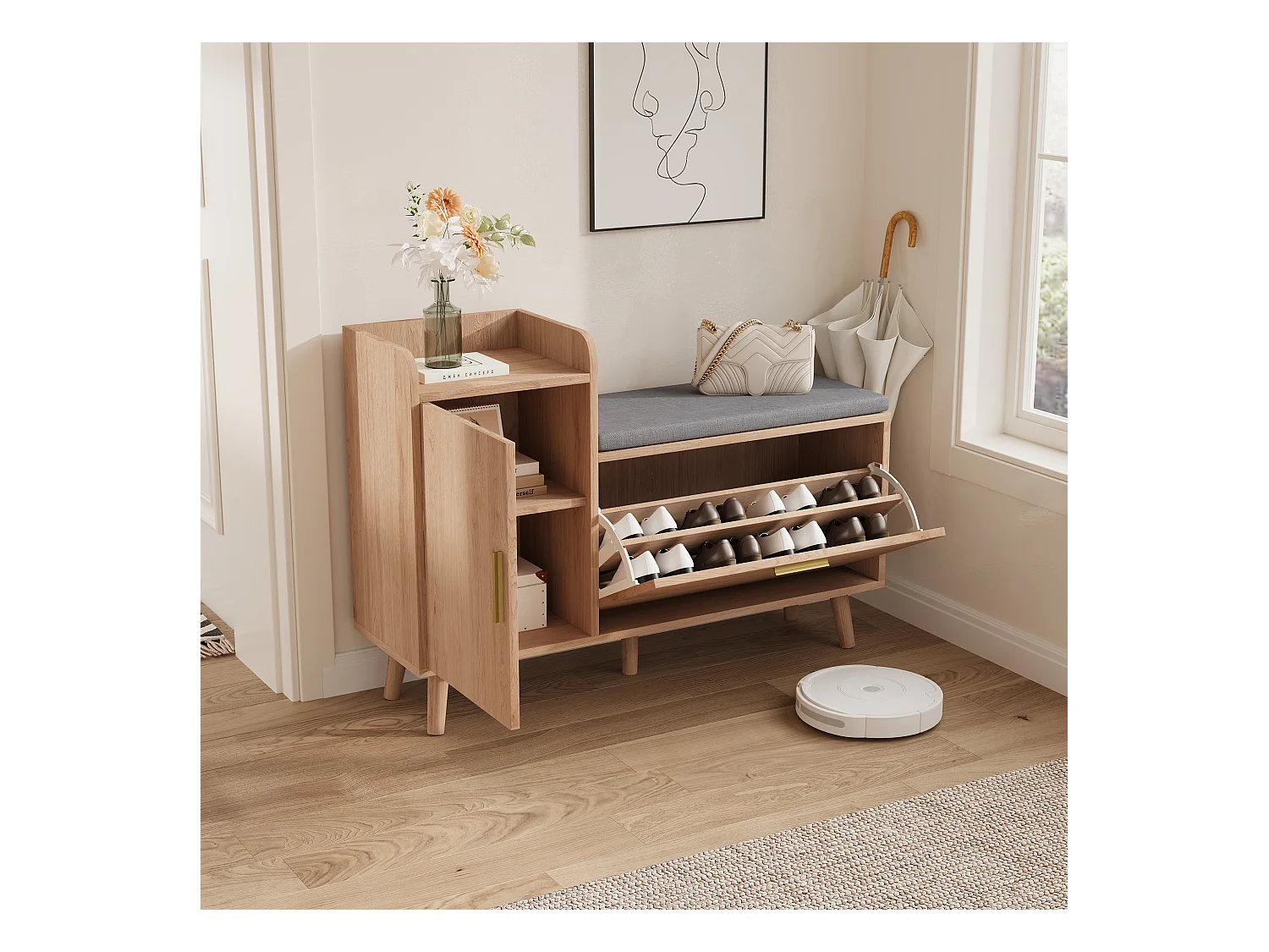 Banco zapatero con asiento, zapatero con espacio de almacenamiento para entrada, Madera