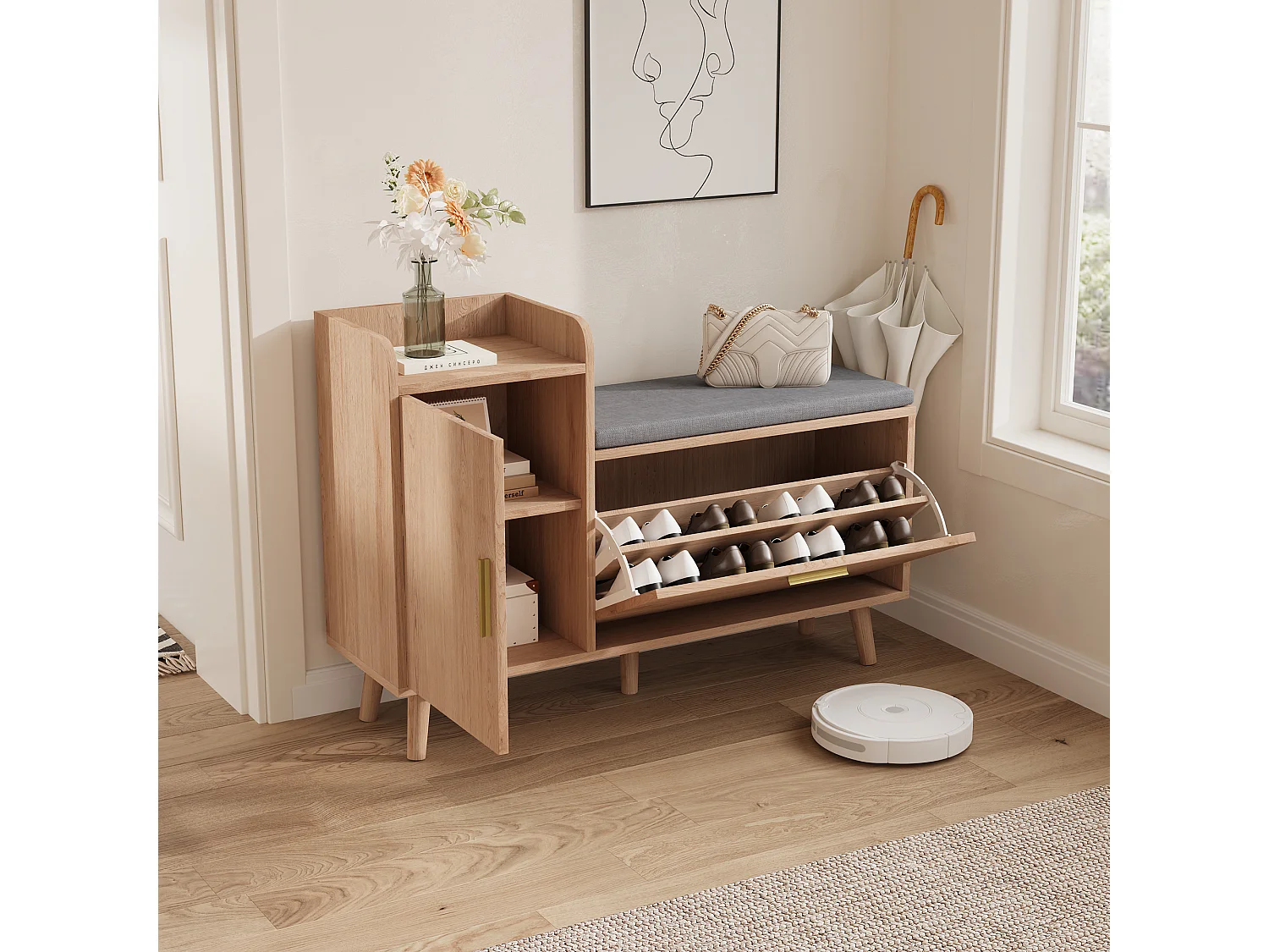 Banc à chaussures avec assise , rangement à chaussures avec espace de rangement pour entrée , Bois