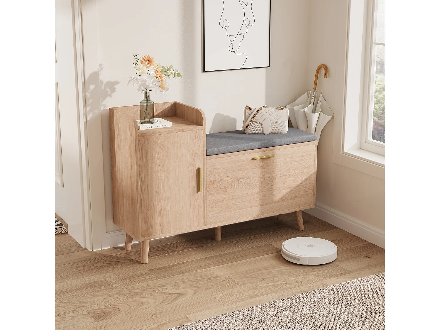 Banc à chaussures avec assise , rangement à chaussures avec espace de rangement pour entrée , Bois