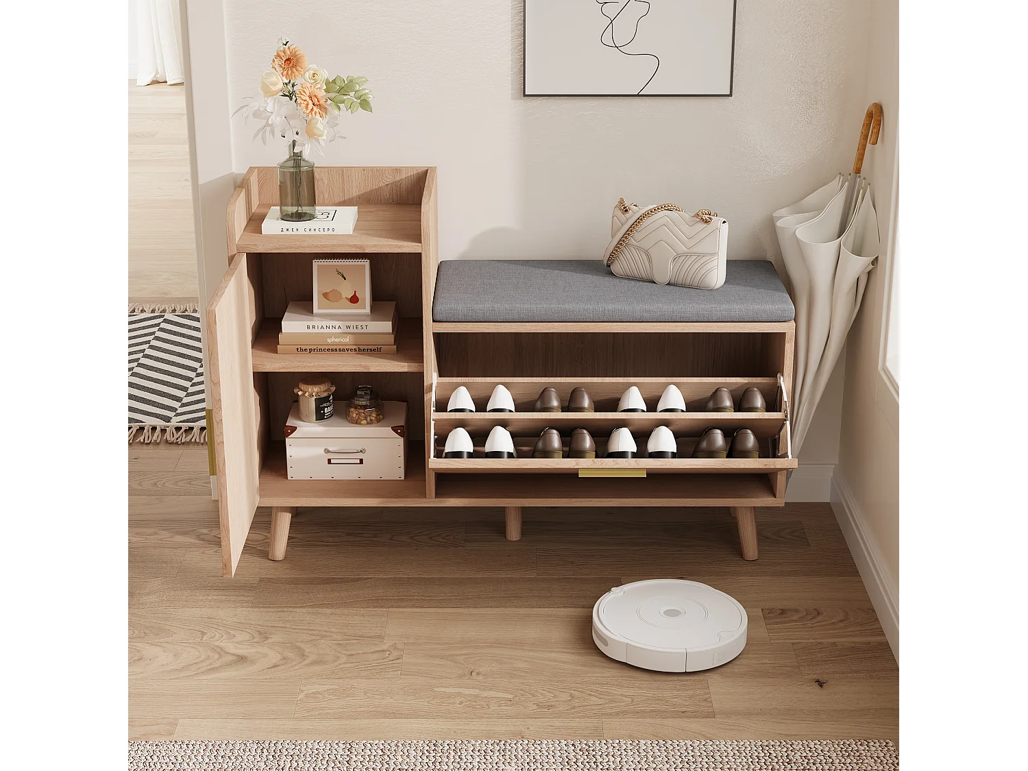 Banc à chaussures avec assise , rangement à chaussures avec espace de rangement pour entrée , Bois