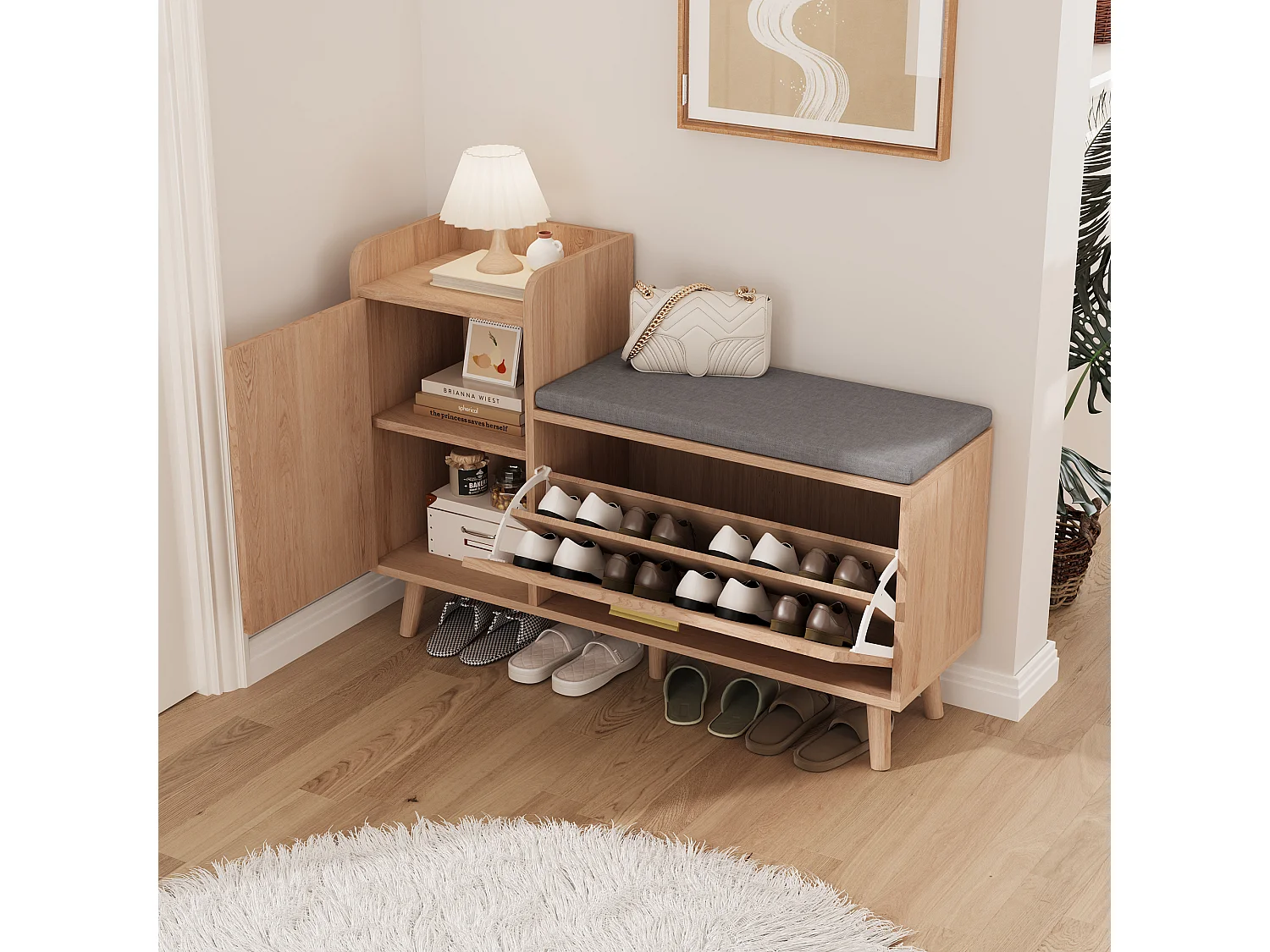 Banc à chaussures avec assise , rangement à chaussures avec espace de rangement pour entrée , Bois
