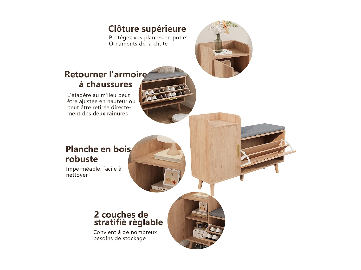Banc à chaussures avec assise , rangement à chaussures avec espace de rangement pour entrée , Bois