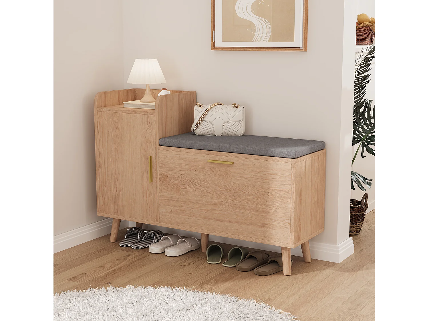 Banc à chaussures avec assise , rangement à chaussures avec espace de rangement pour entrée , Bois