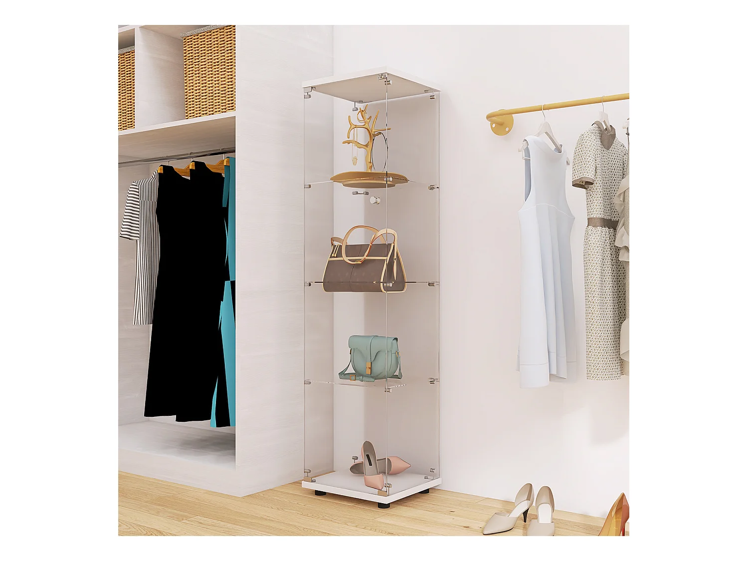 Vitrine à 4 niveaux, vitrine transparente for figurines, vitrine en verre trempé avec porte, blanc