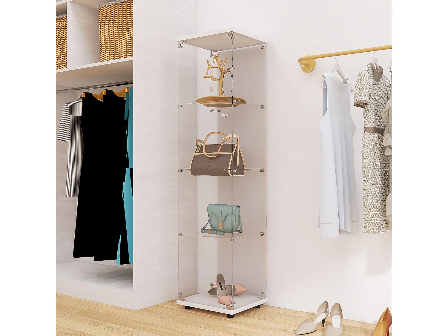 Vitrine à 4 niveaux, vitrine transparente for figurines, vitrine en verre trempé avec porte, blanc