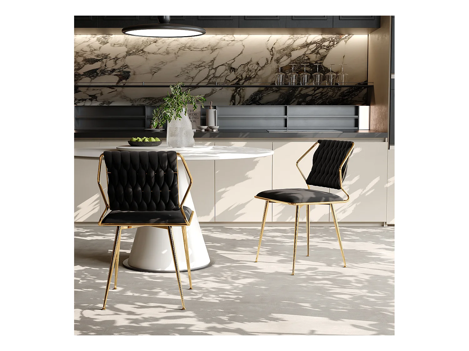 Lot de 2 chaises de salle à manger rembourrées modernes en velours avec cadre en métal doré,noir