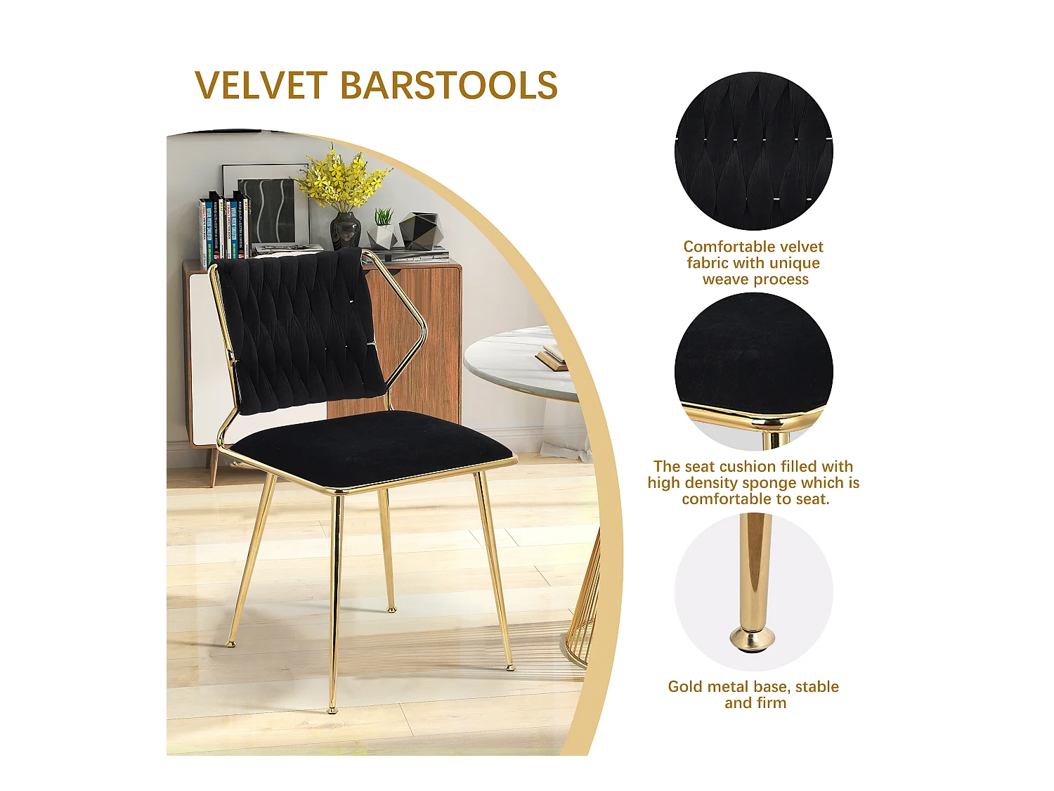 Lot de 2 chaises de salle à manger rembourrées modernes en velours avec cadre en métal doré,noir