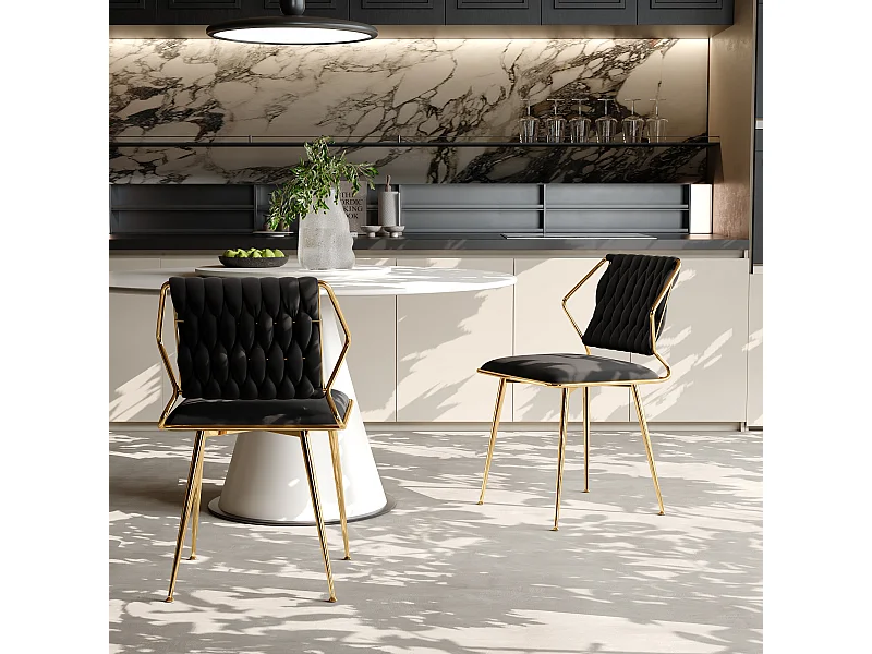 Lot de 2 chaises de salle à manger rembourrées modernes en velours avec cadre en métal doré,noir