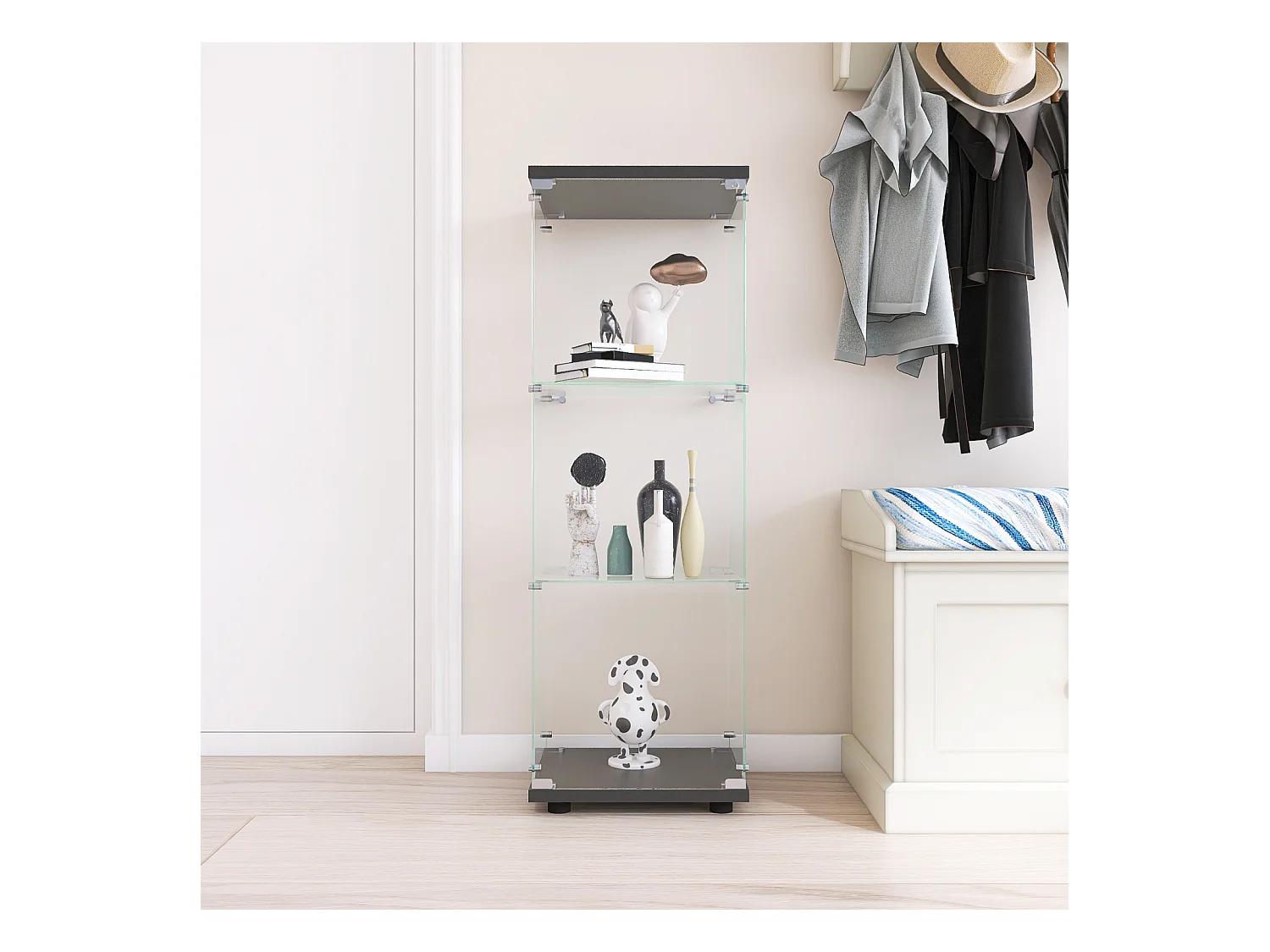 Vitrine de vidro com 3 prateleiras 127 x 45 x 14 cm vitrine de vidro de pé, vitrine para sala de estar, preta