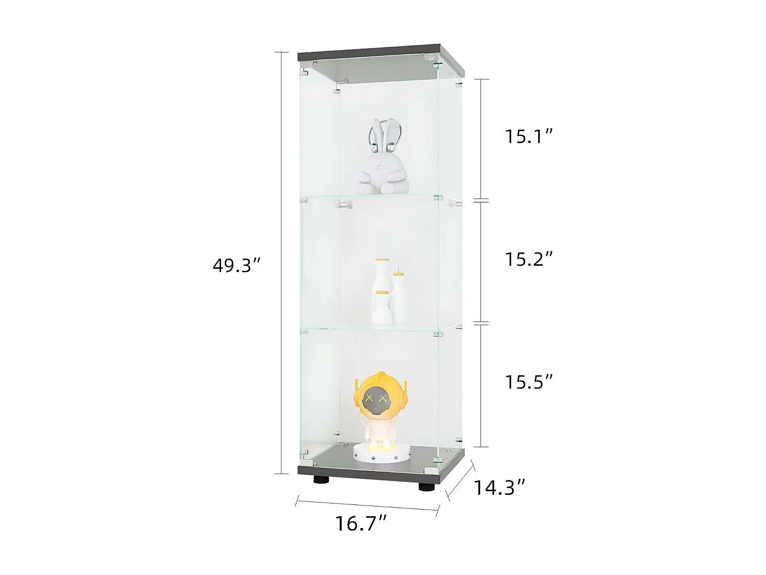 Vetrina in vetro con 3 ripiani, 127 x 45 x 14 cm, vetrina in vetro indipendente, vetrina per soggiorno, nera