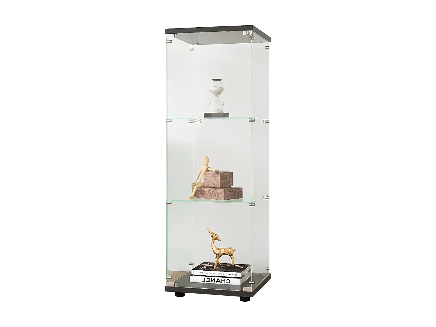 Vetrina in vetro con 3 ripiani, 127 x 45 x 14 cm, vetrina in vetro indipendente, vetrina per soggiorno, nera
