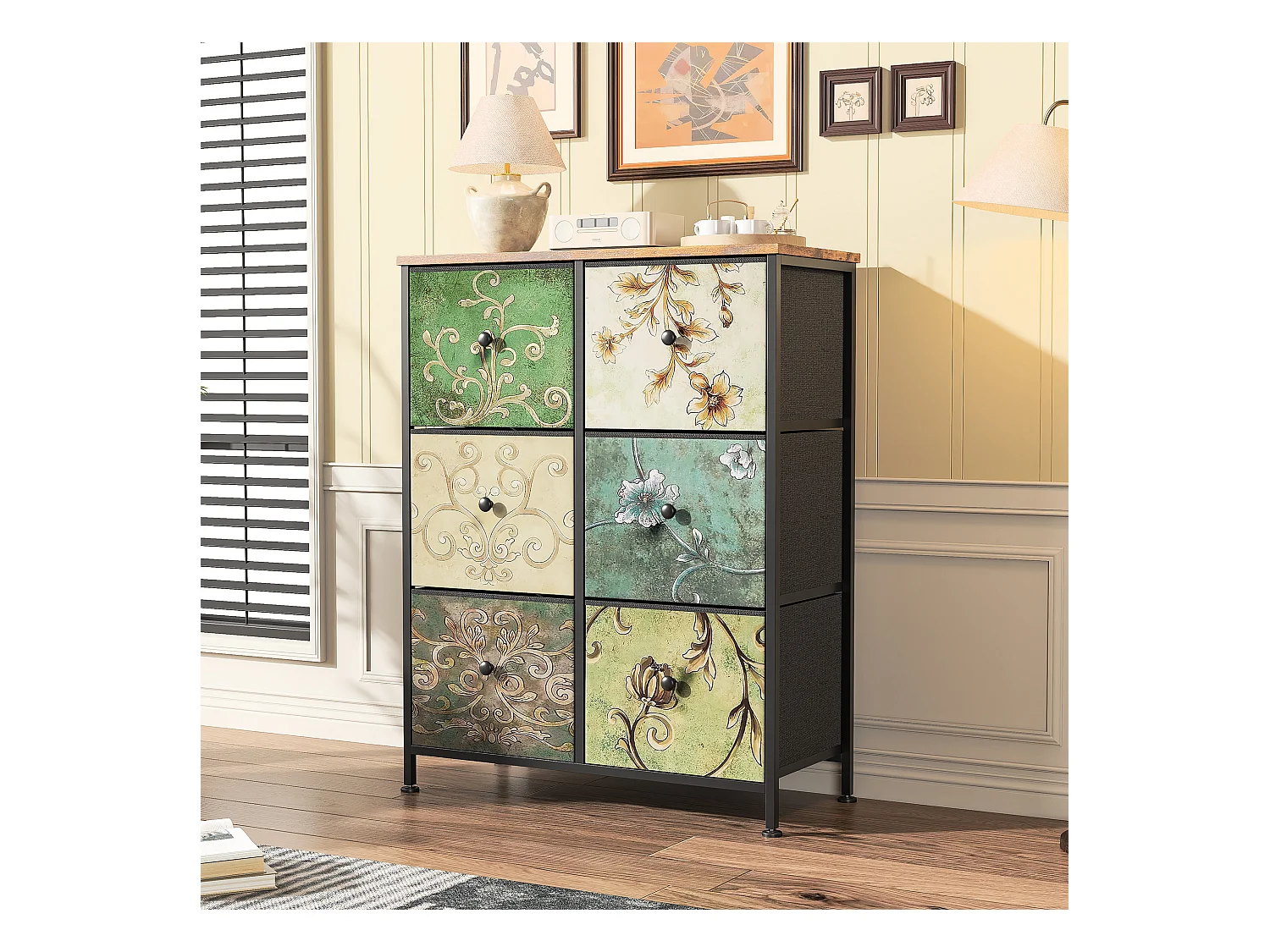 Cómoda de dormitorio de 6 cajones con estructura de metal, multicolor