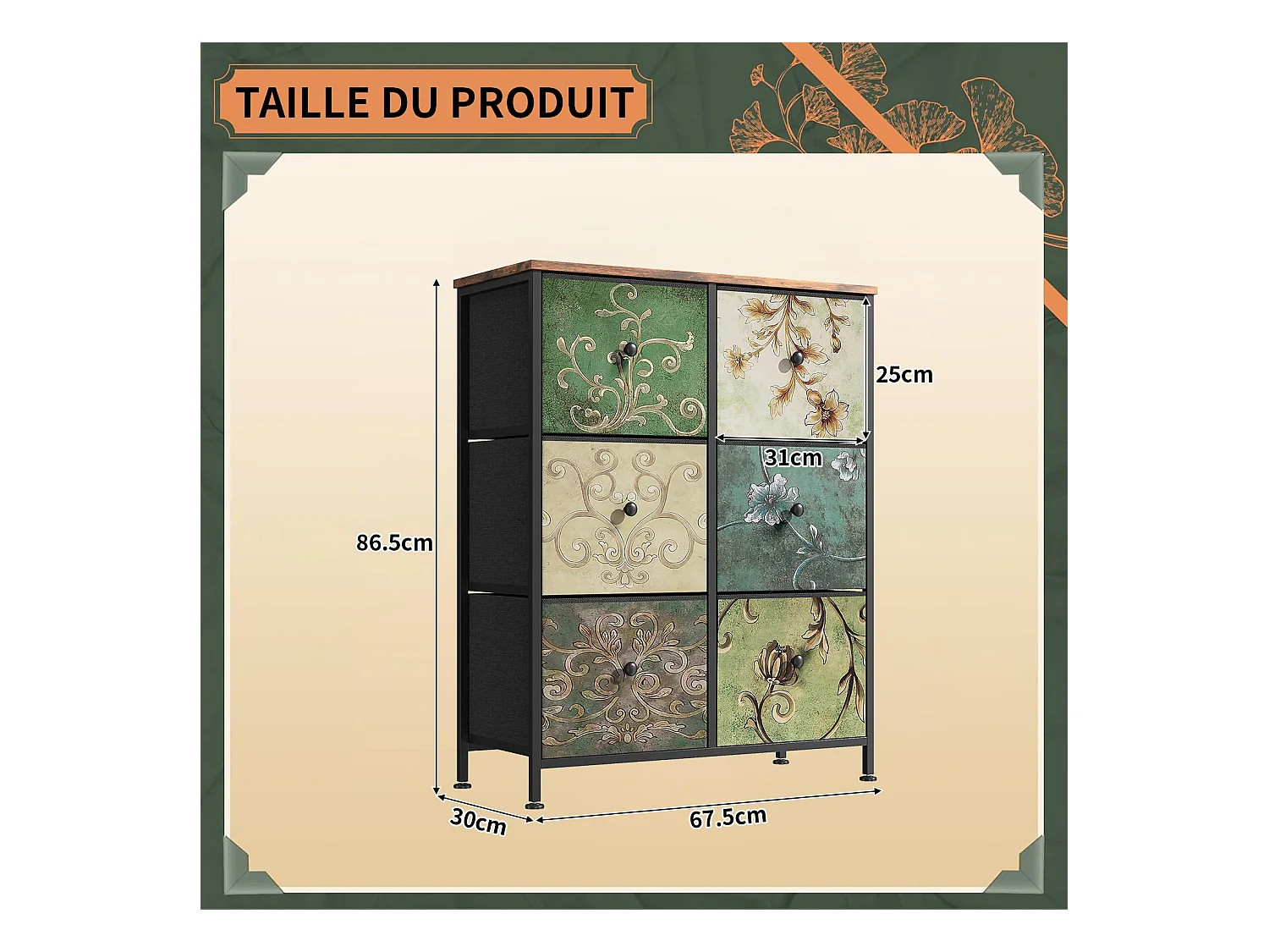 Cómoda de dormitorio de 6 cajones con estructura de metal, multicolor