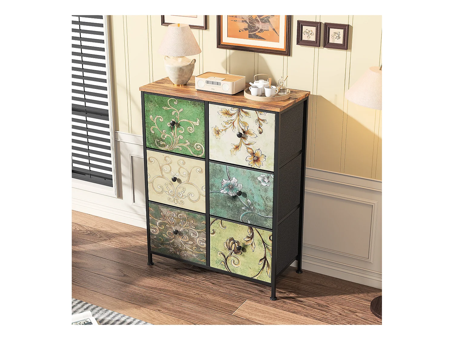 Cómoda de dormitorio de 6 cajones con estructura de metal, multicolor