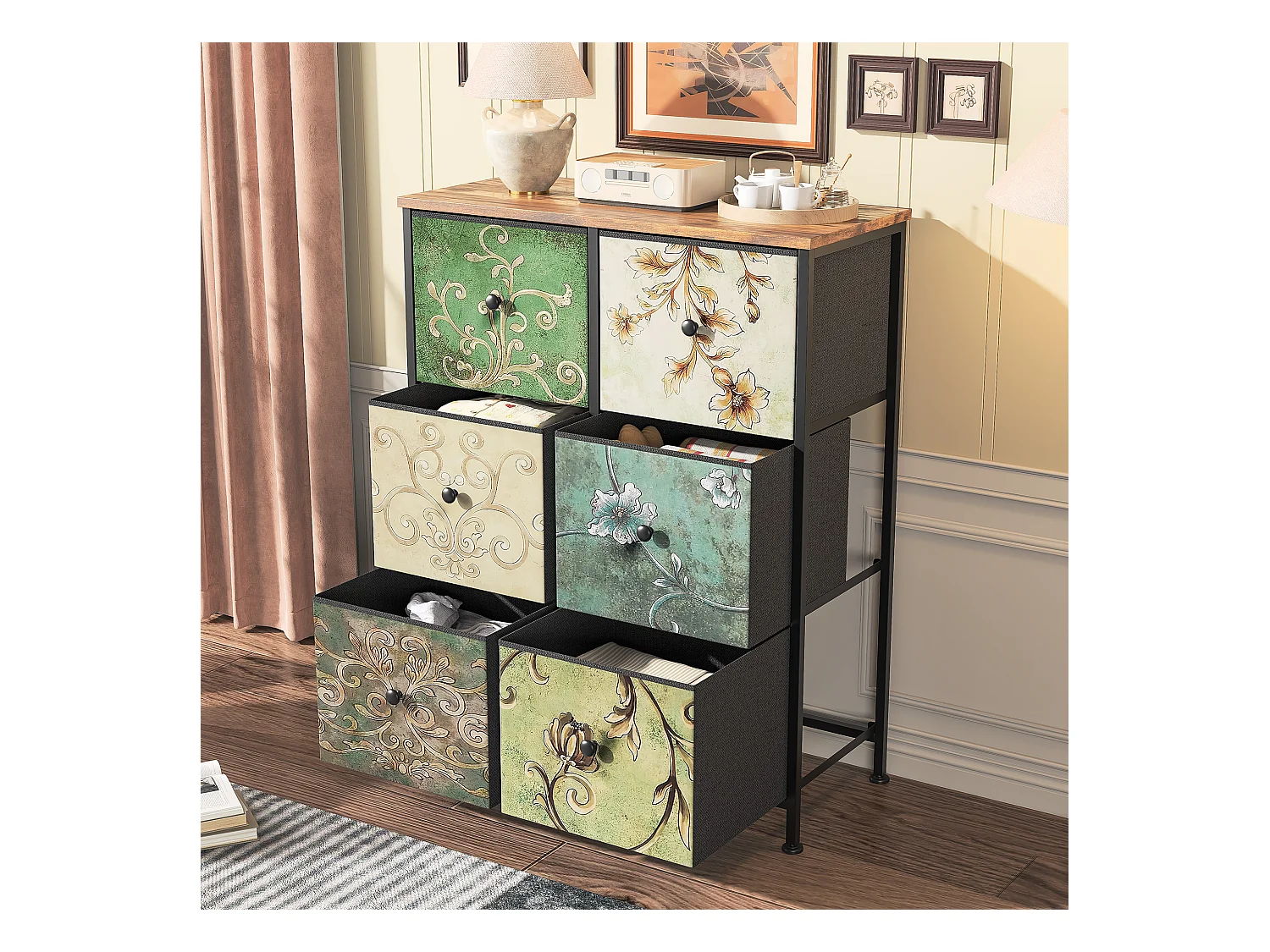 Cómoda de dormitorio de 6 cajones con estructura de metal, multicolor