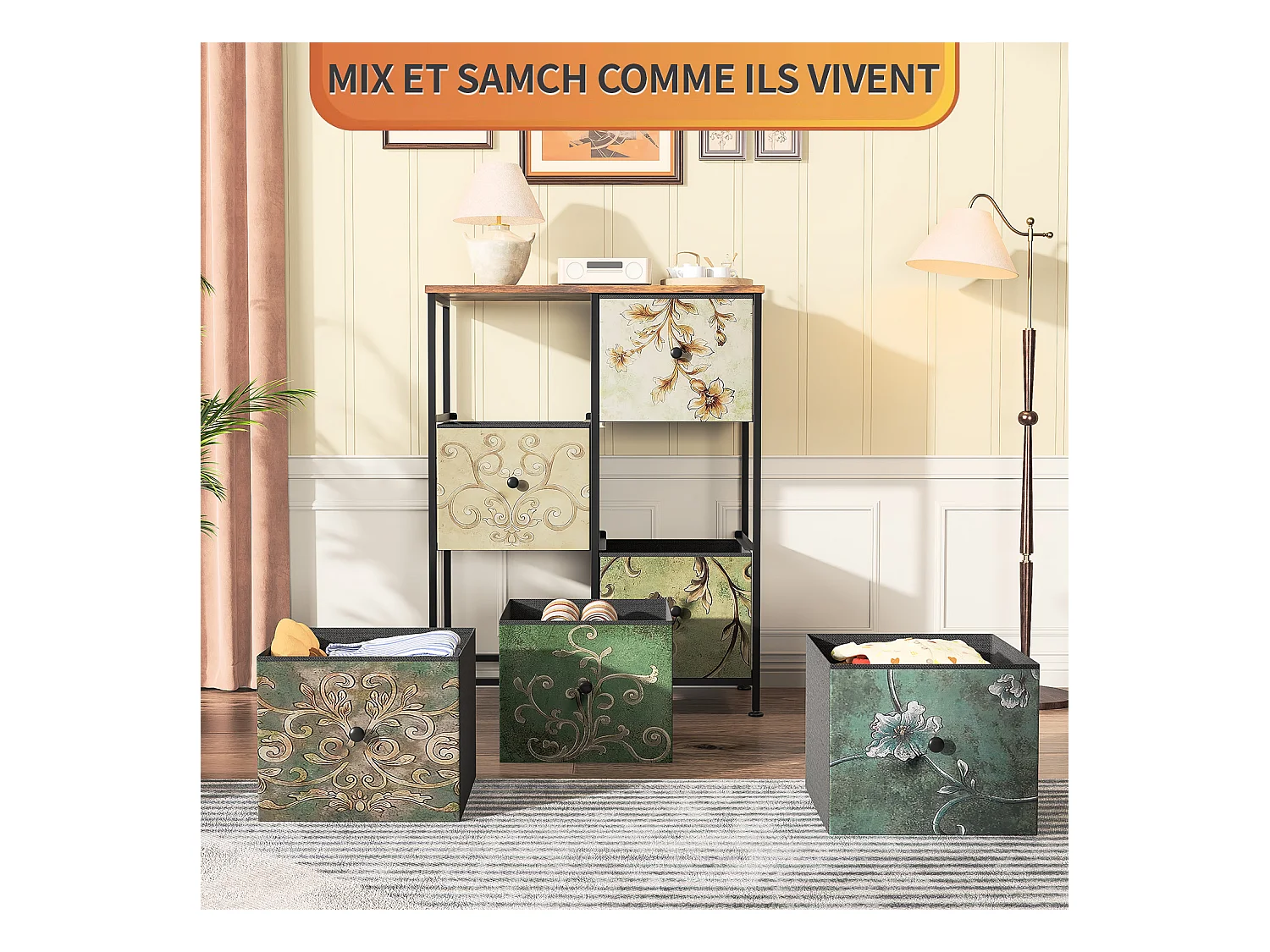 Cómoda de dormitorio de 6 cajones con estructura de metal, multicolor