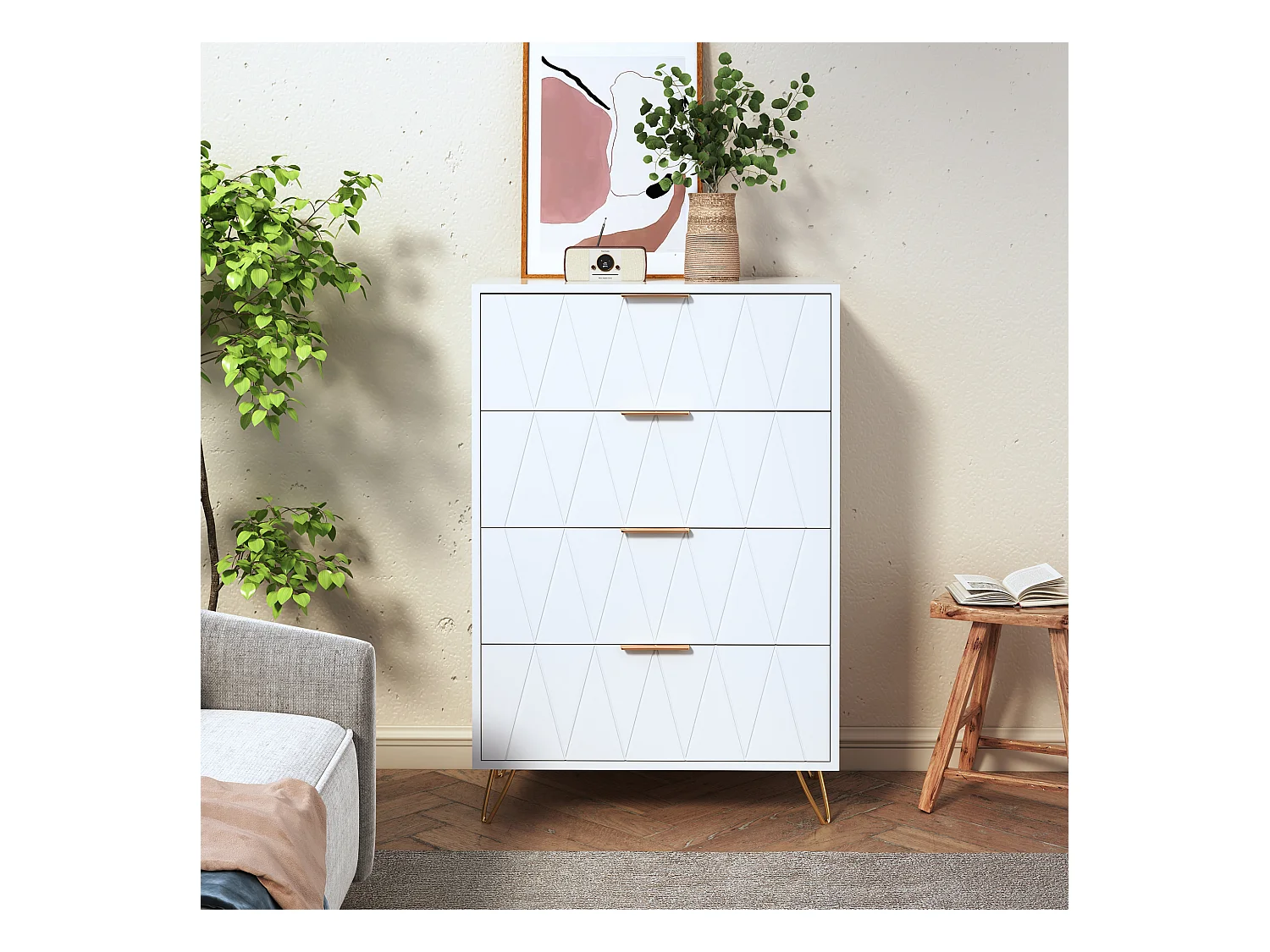 Cômoda com 4 gavetas, 60 x 34 x 90 cm, Cômoda para quarto, Puxadores e pés de metal, Branca