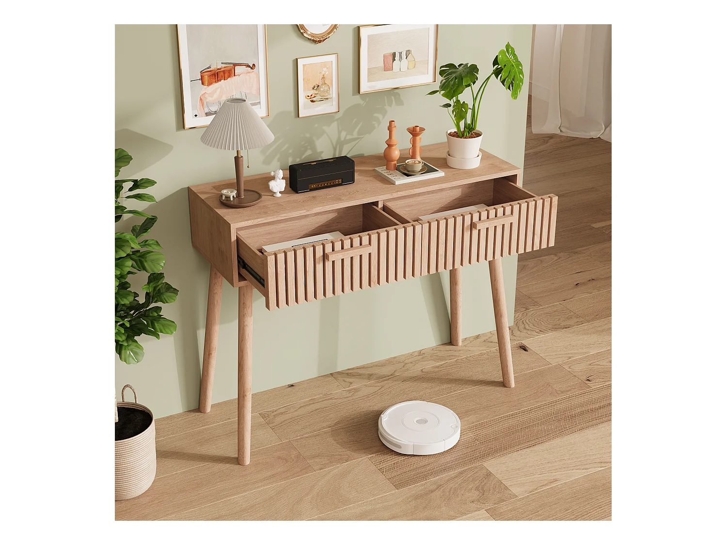 Consola de entrada moderna de madera marrón acanalada con asas estrechas y altas para sala de estar