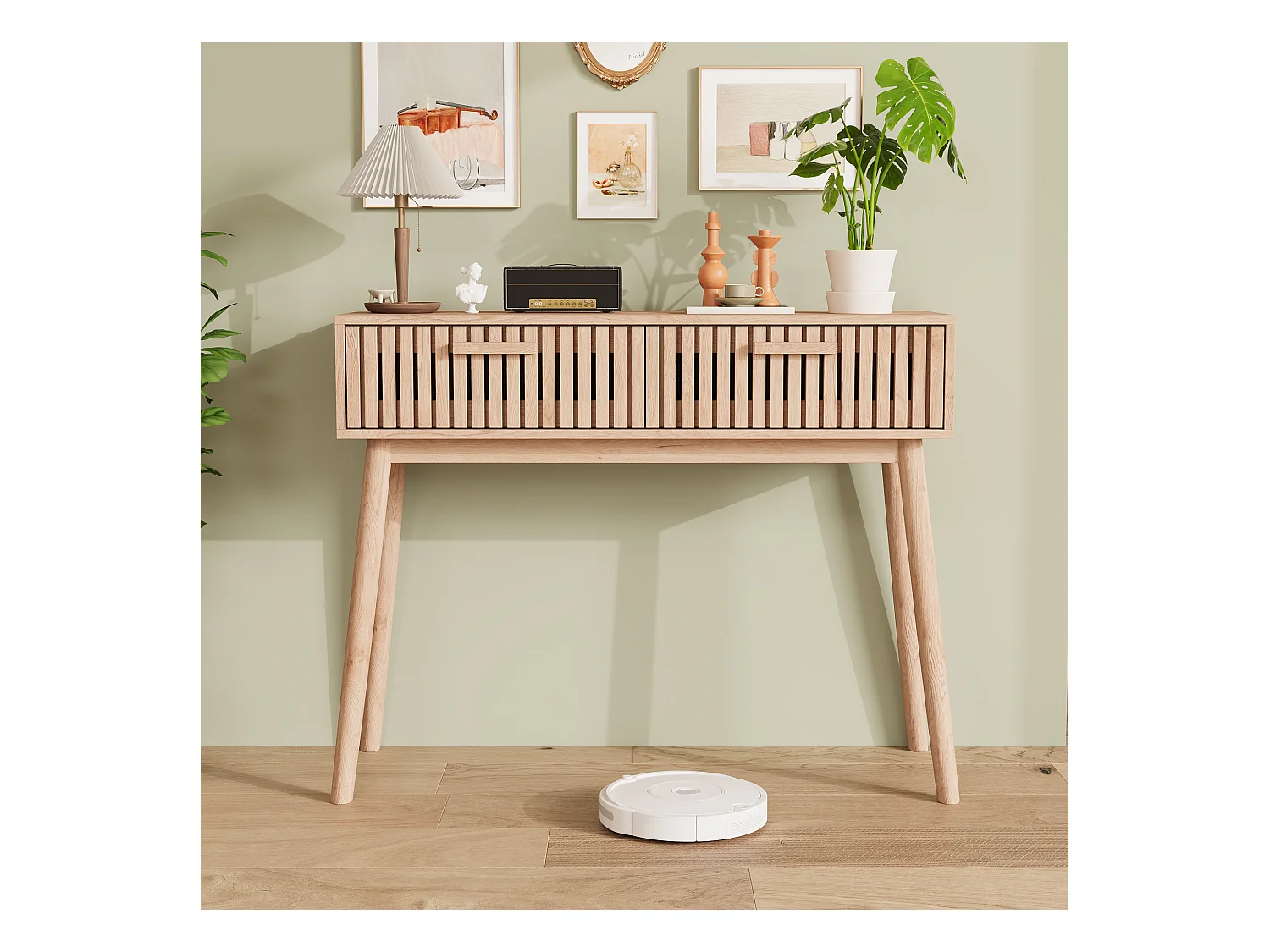 Consola de entrada moderna de madera marrón acanalada con asas estrechas y altas para sala de estar