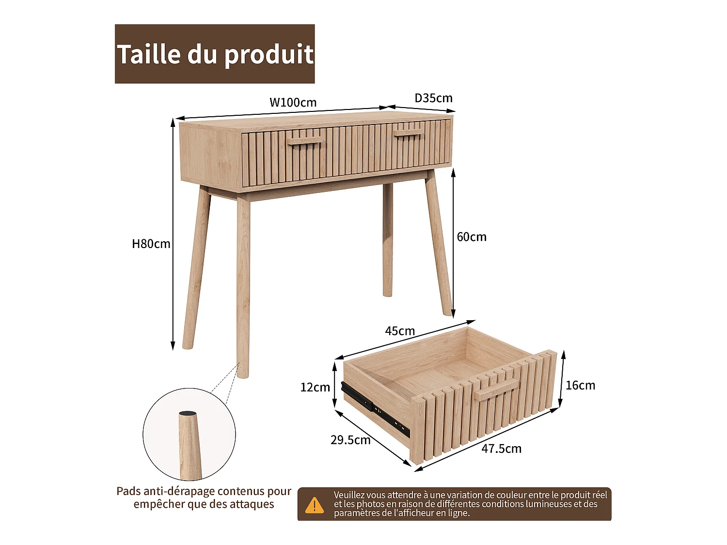 Consola de entrada moderna de madera marrón acanalada con asas estrechas y altas para sala de estar