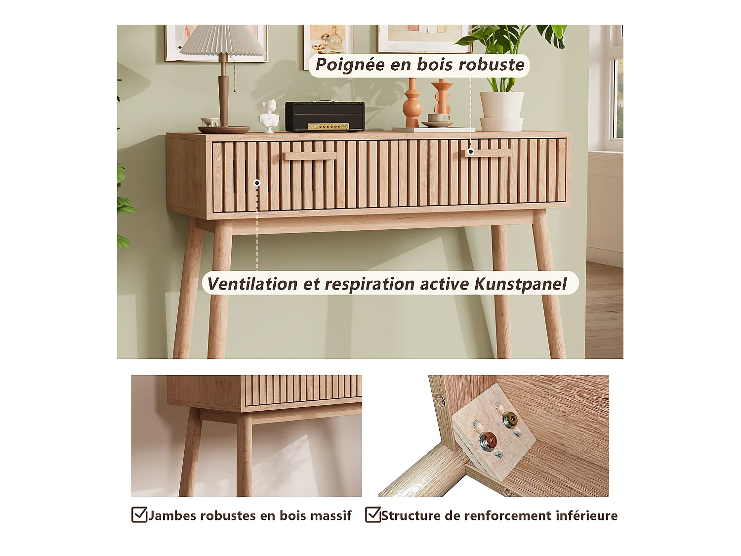 Consola de entrada moderna de madera marrón acanalada con asas estrechas y altas para sala de estar