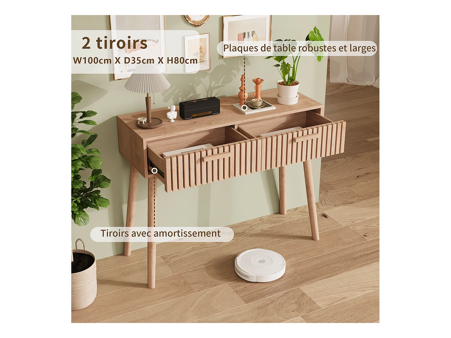 Consola de entrada moderna de madera marrón acanalada con asas estrechas y altas para sala de estar