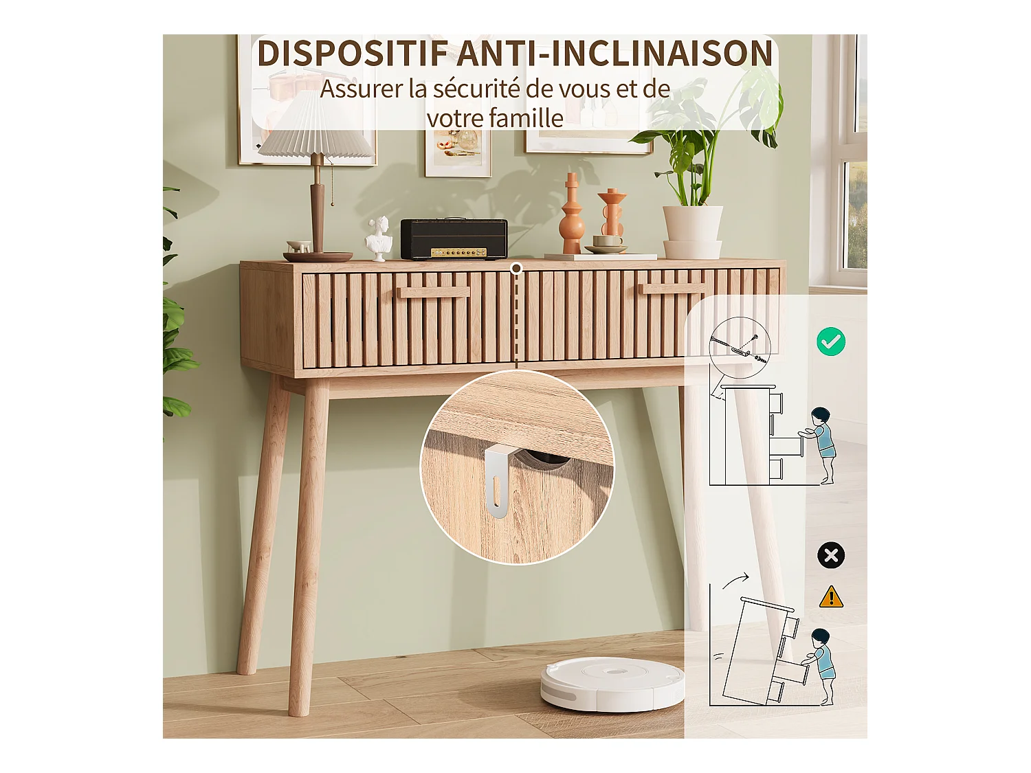 Consola de entrada moderna de madera marrón acanalada con asas estrechas y altas para sala de estar