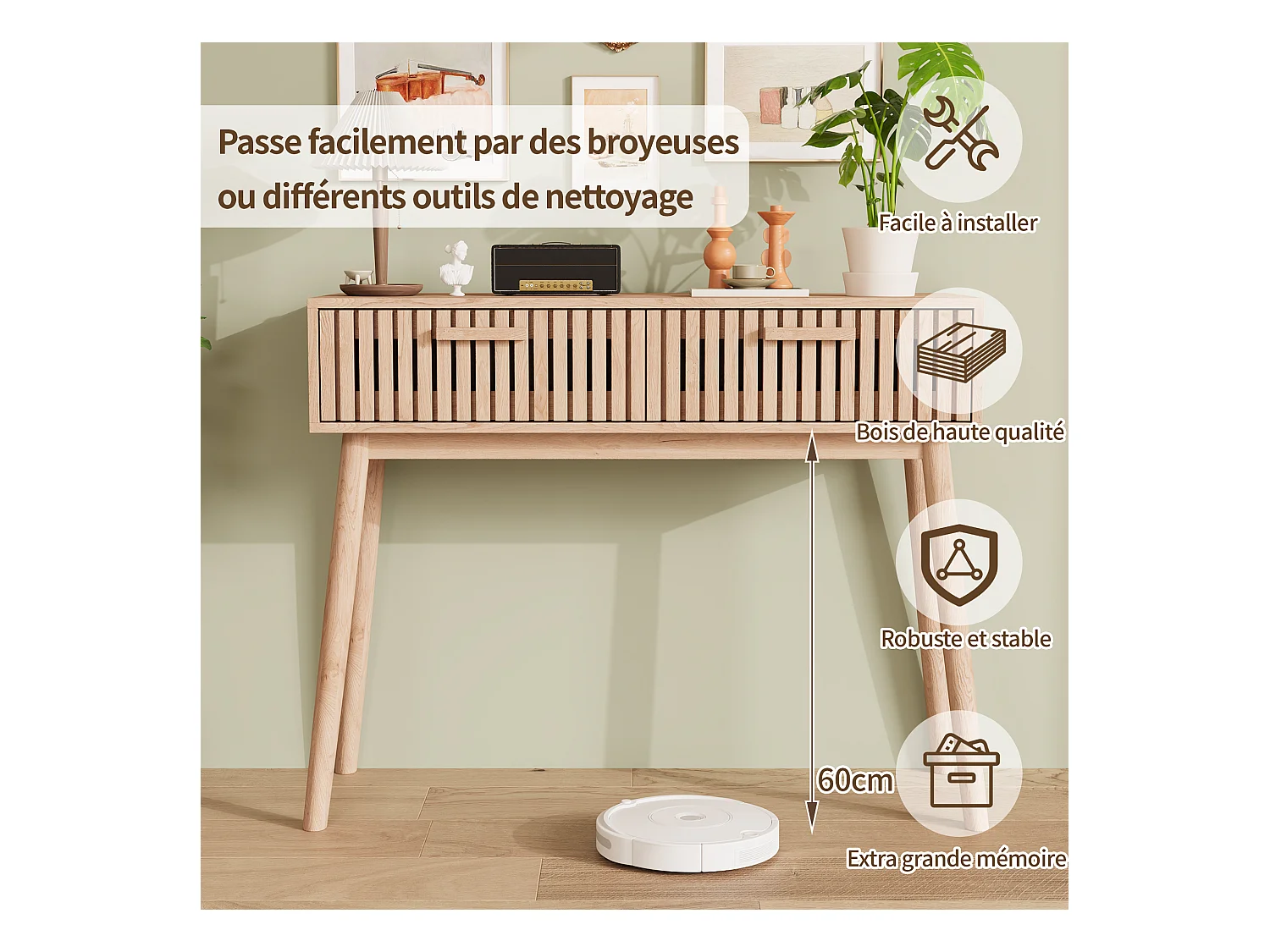 Consola de entrada moderna de madera marrón acanalada con asas estrechas y altas para sala de estar