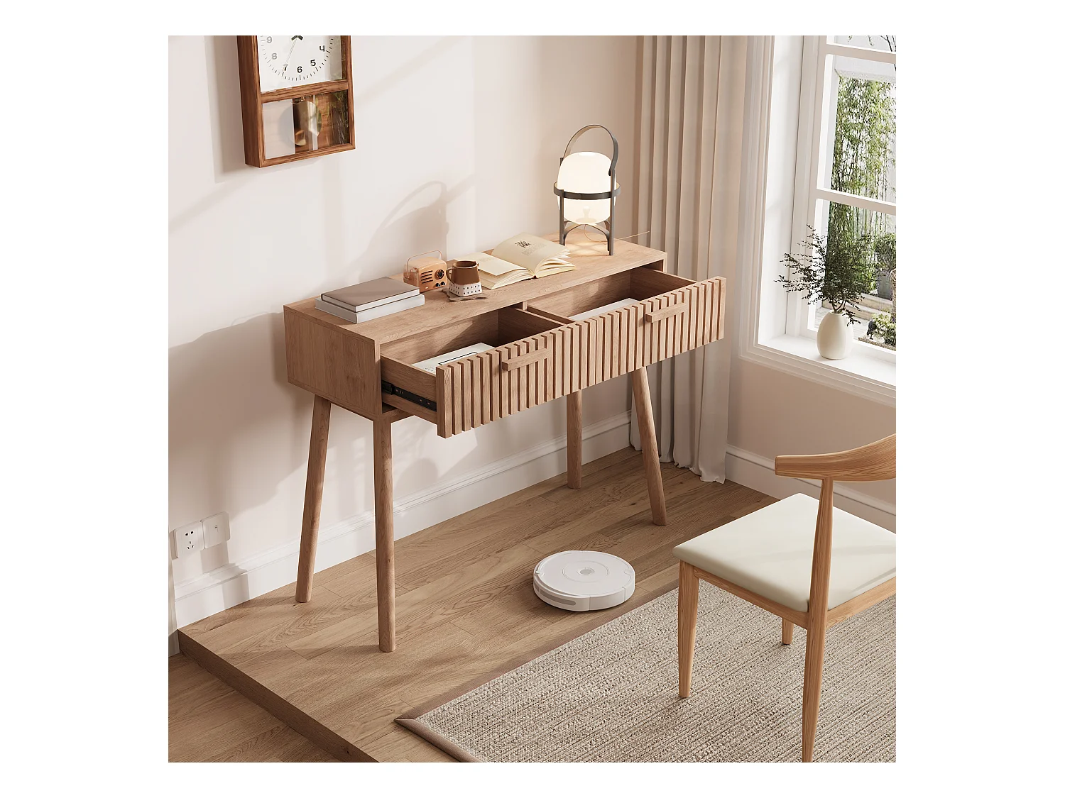 Consola de entrada moderna de madera marrón acanalada con asas estrechas y altas para sala de estar