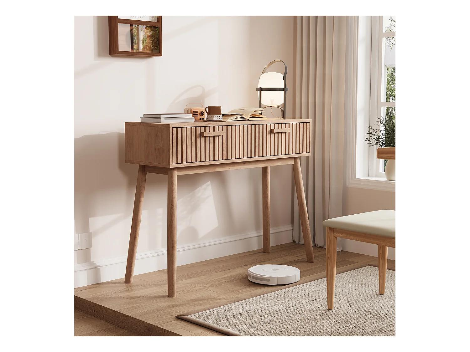 Consola de entrada moderna de madera marrón acanalada con asas estrechas y altas para sala de estar