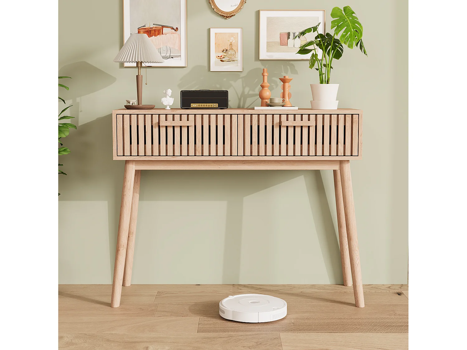 Table console d'entrée cannelée moderne en bois marron avec poignées étroites et hautes pour salon