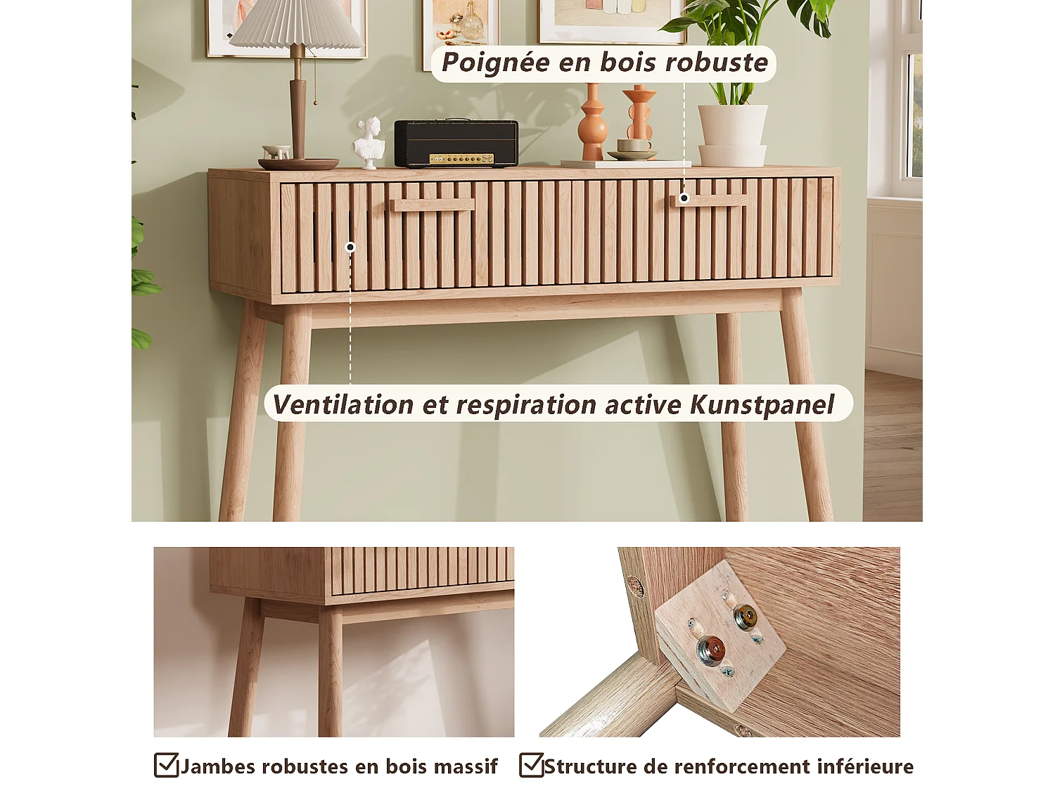 Table console d'entrée cannelée moderne en bois marron avec poignées étroites et hautes pour salon