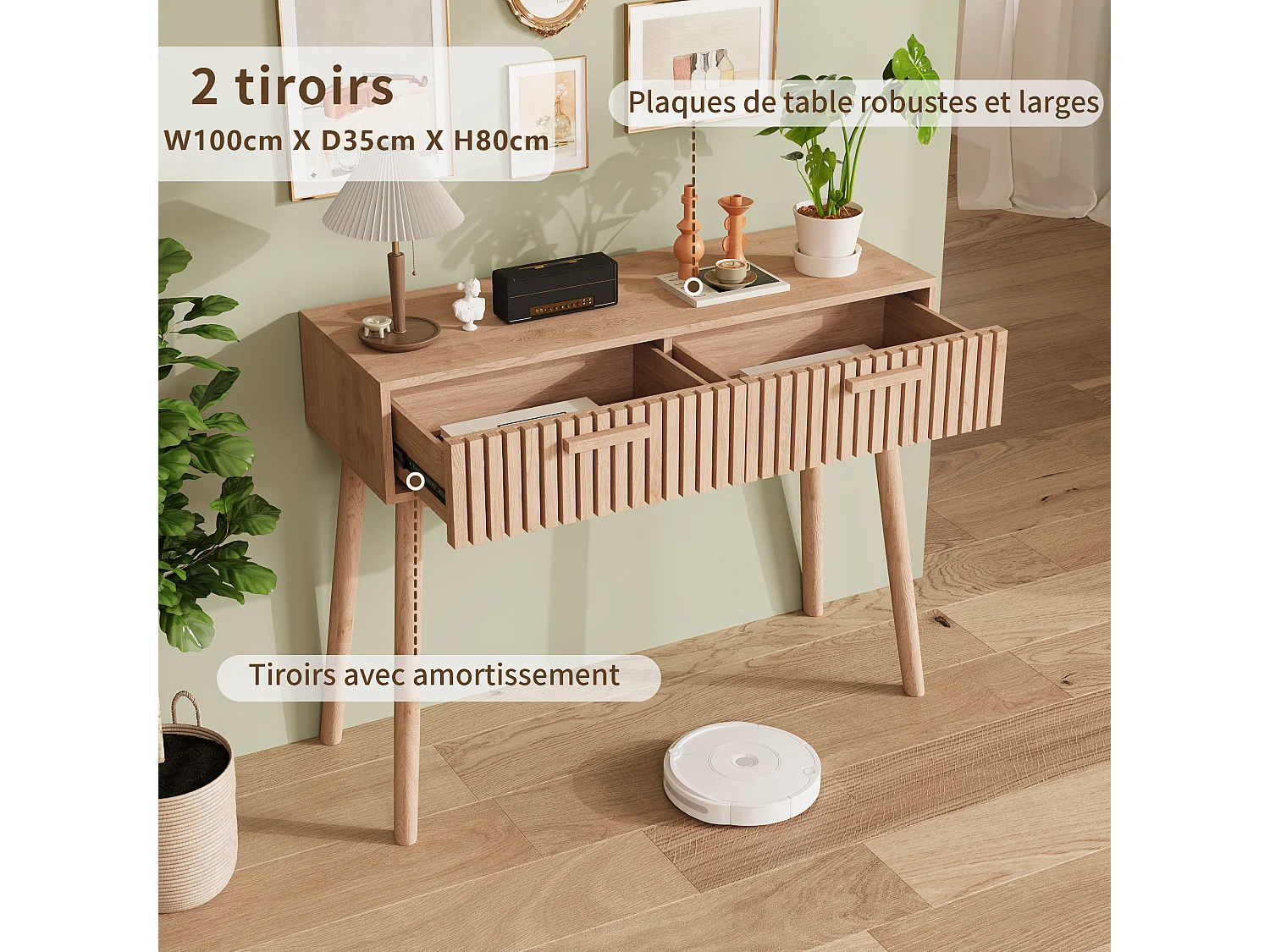Table console d'entrée cannelée moderne en bois marron avec poignées étroites et hautes pour salon