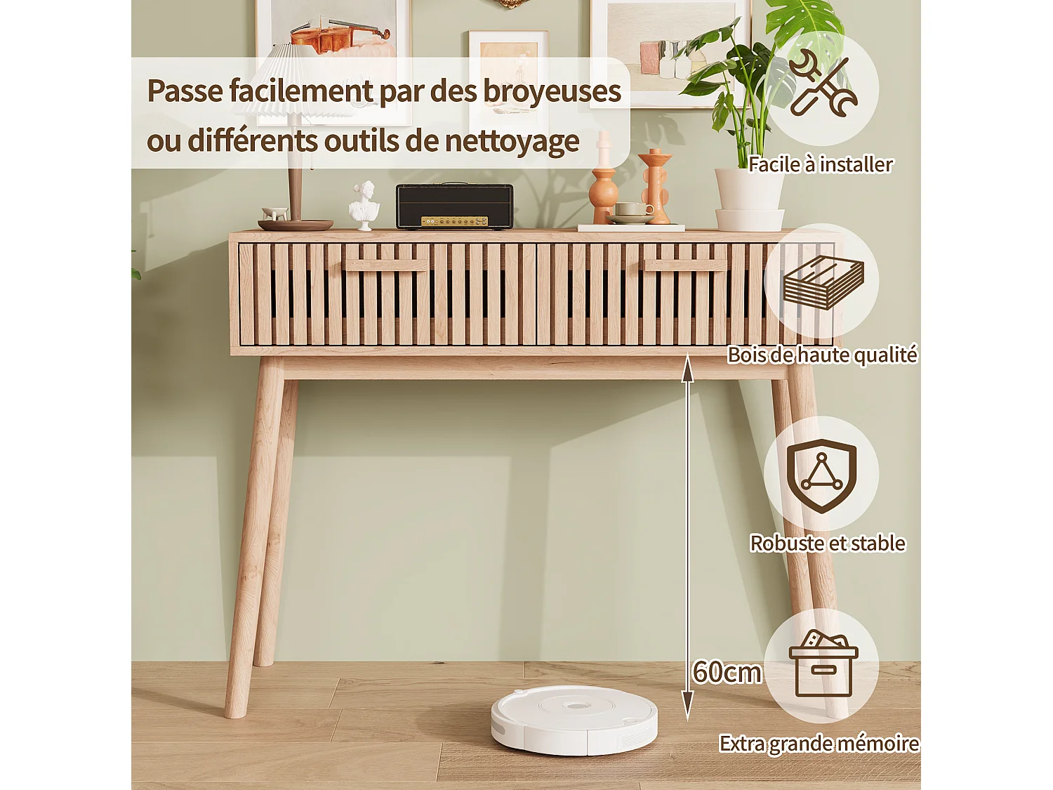 Table console d'entrée cannelée moderne en bois marron avec poignées étroites et hautes pour salon