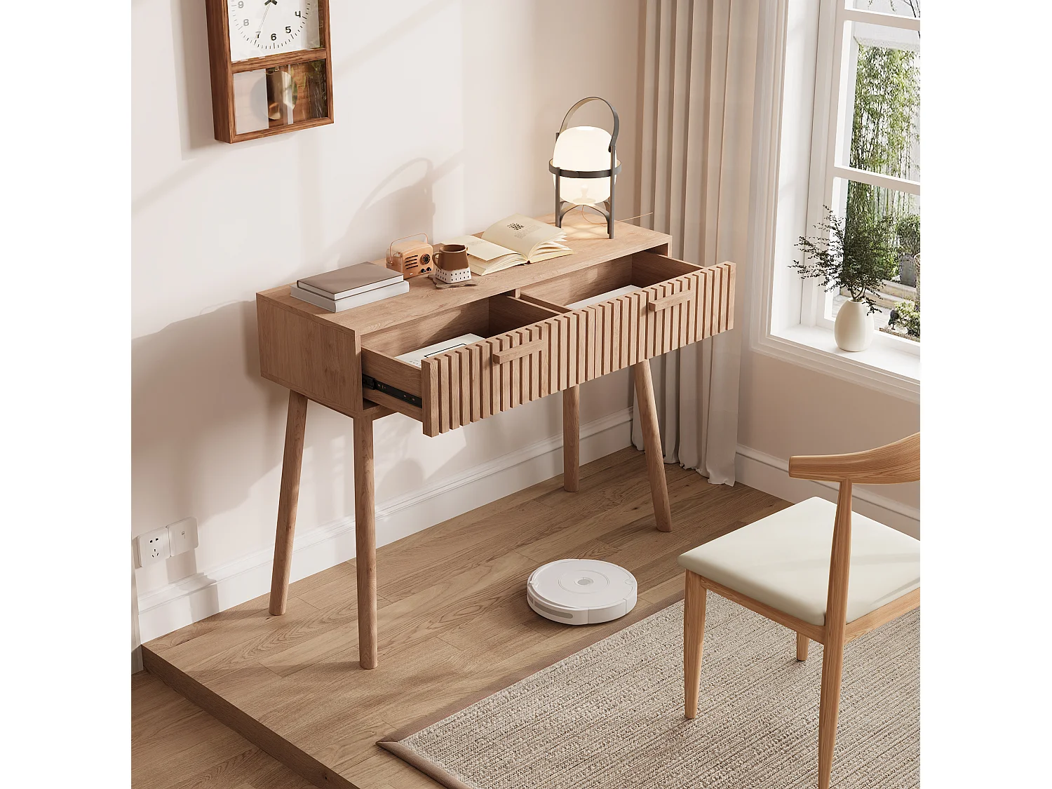 Table console d'entrée cannelée moderne en bois marron avec poignées étroites et hautes pour salon