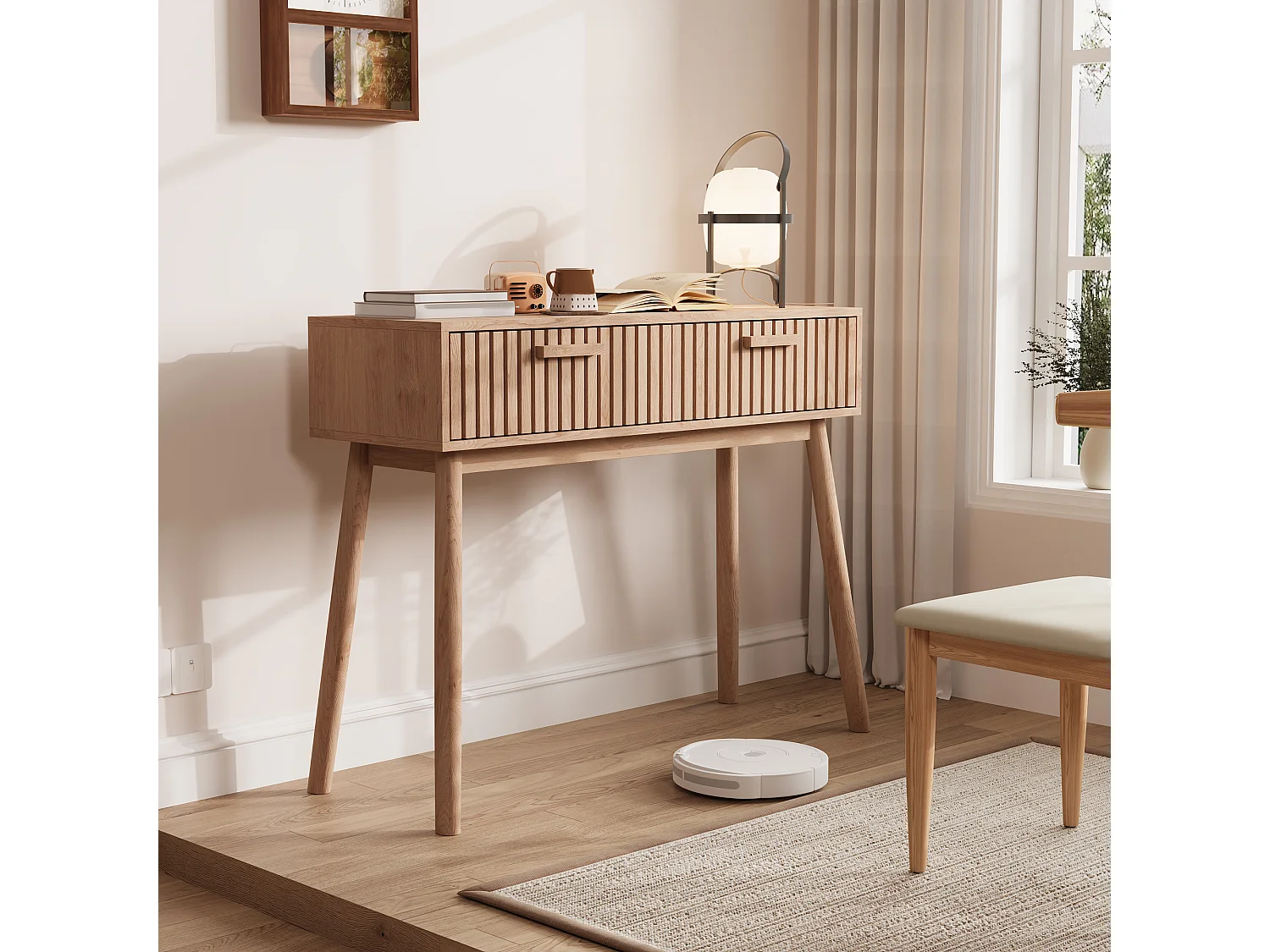 Table console d'entrée cannelée moderne en bois marron avec poignées étroites et hautes pour salon