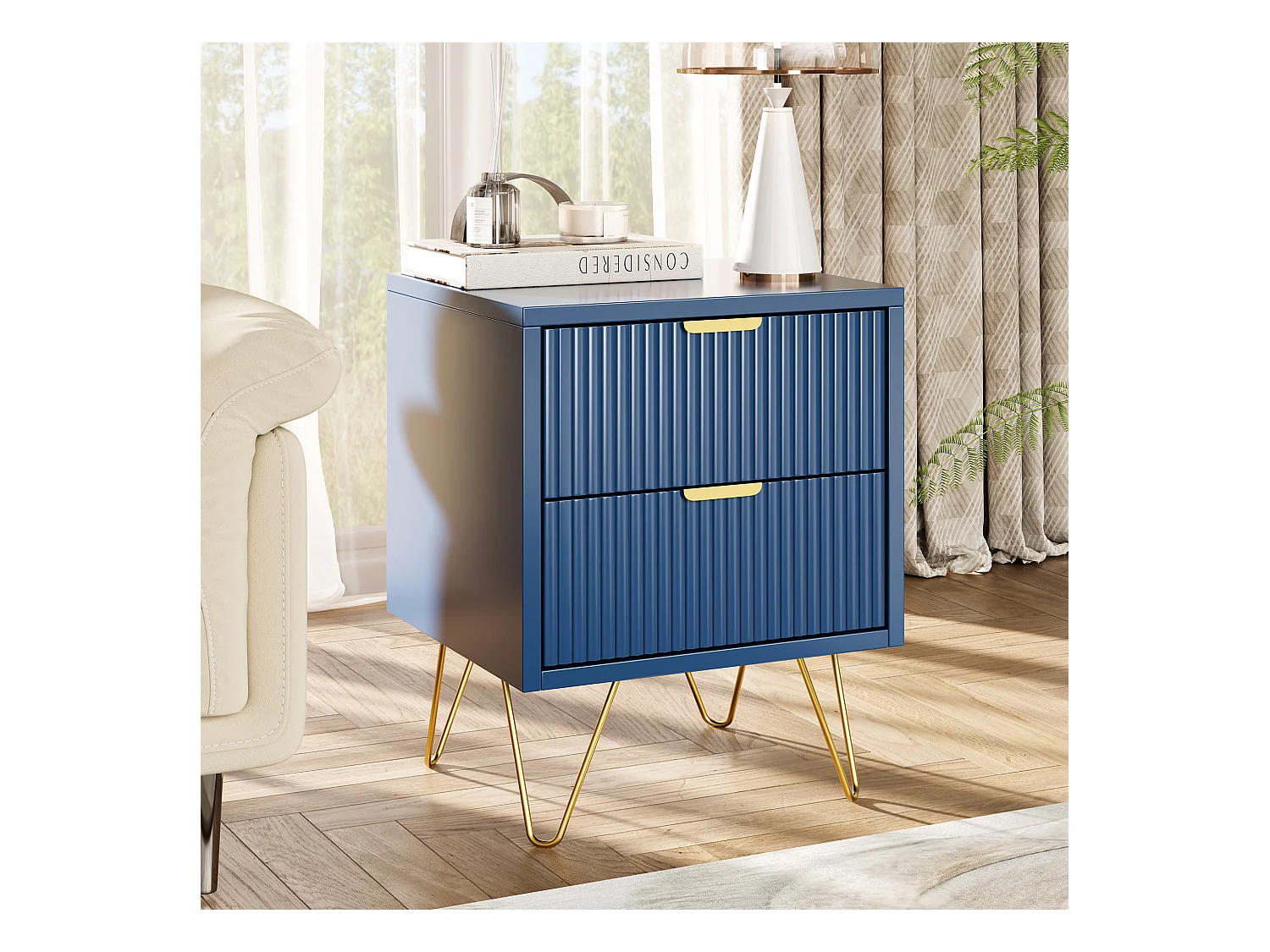 Commode à 2 tiroirs, Table de Chevet, Table d'appoint Moderne, Table de Nuit, 40 x 35 x 50 cm, Bleue