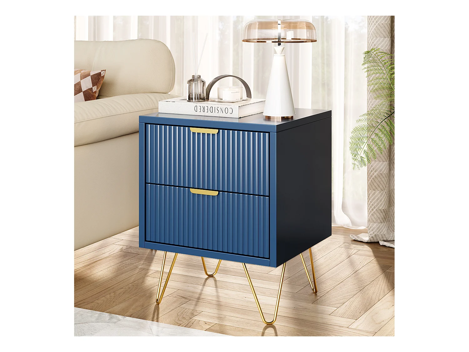 Commode à 2 tiroirs, Table de Chevet, Table d'appoint Moderne, Table de Nuit, 40 x 35 x 50 cm, Bleue