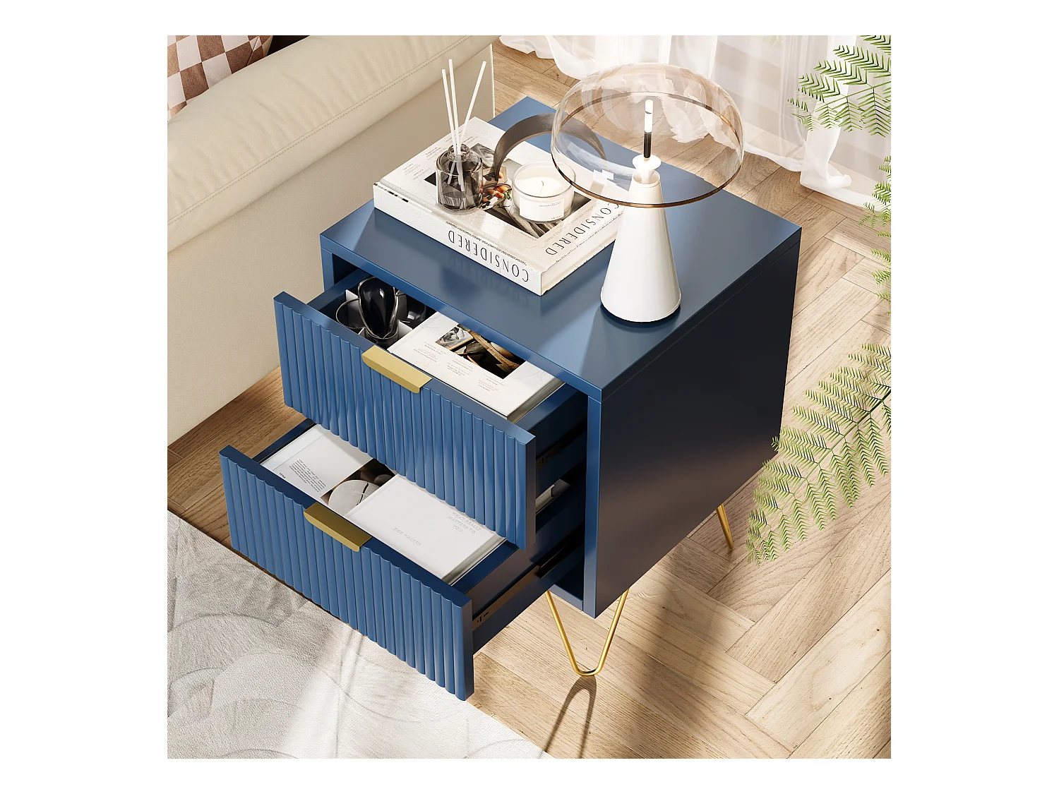 Commode à 2 tiroirs, Table de Chevet, Table d'appoint Moderne, Table de Nuit, 40 x 35 x 50 cm, Bleue