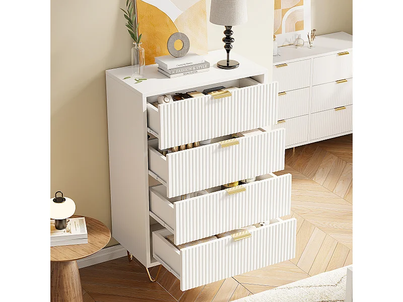 Cómoda moderna de 4 cajones con patas y tiradores dorados, entrada, 91 x 34 x 60 cm, color blanco
