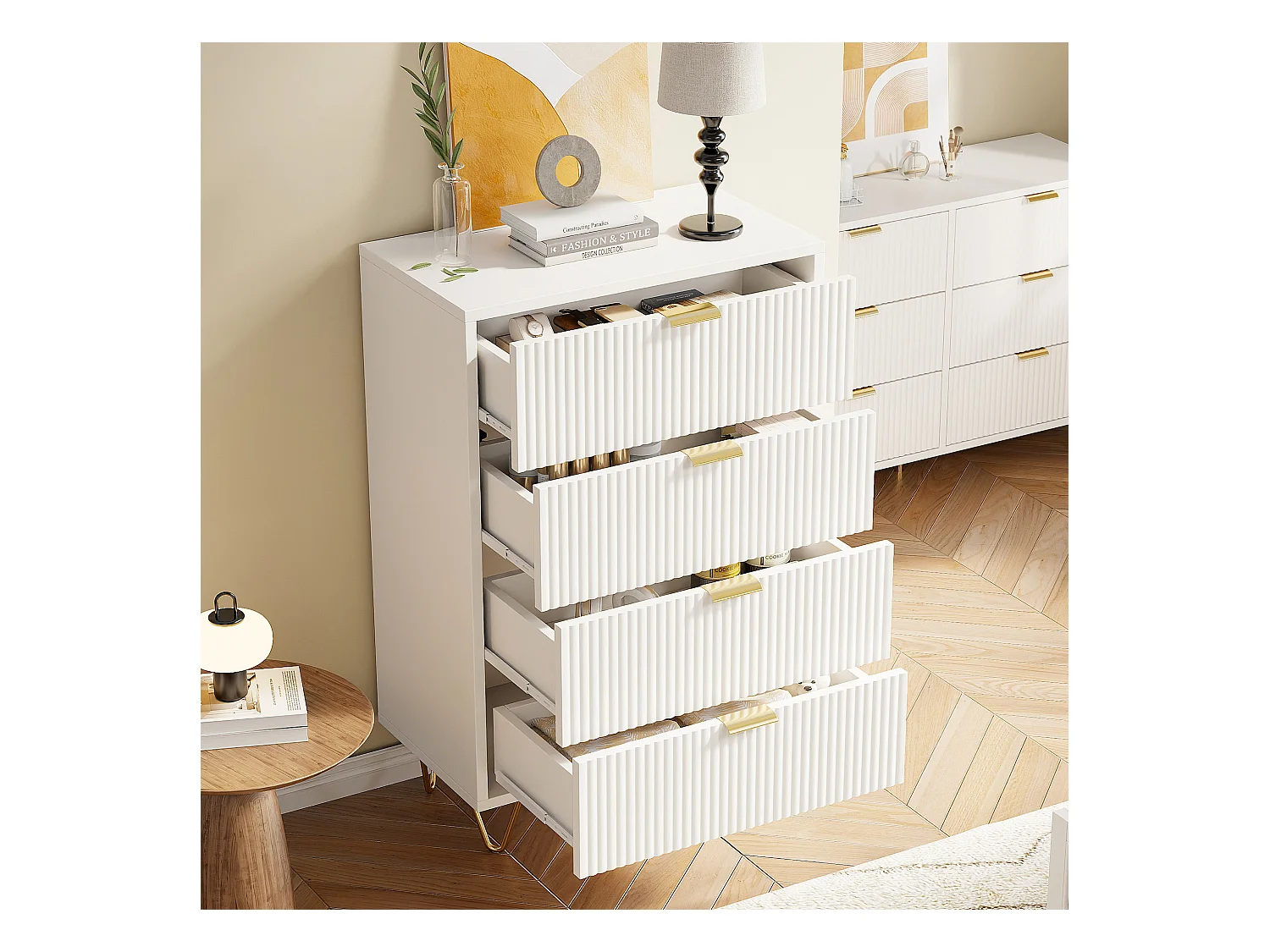 Commode moderne avec 4 tiroirs avec pieds et poignées dorées , entrée , 91 x 34 x 60 cm , blanc