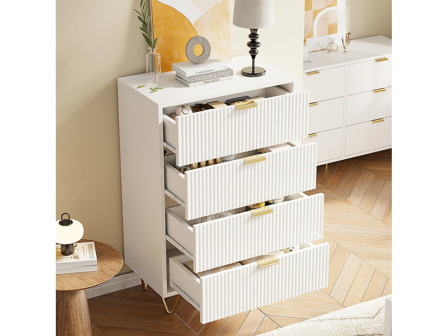 Commode moderne avec 4 tiroirs avec pieds et poignées dorées , entrée , 91 x 34 x 60 cm , blanc